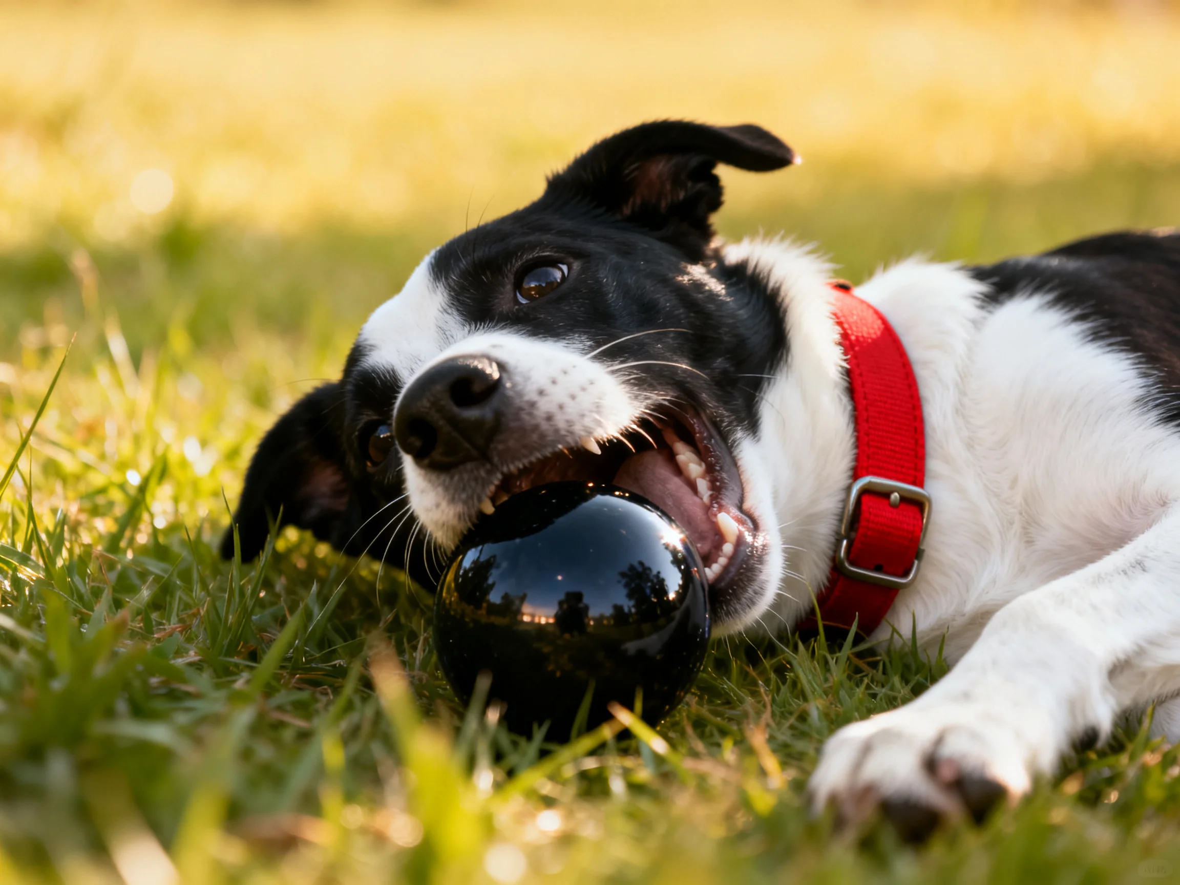 A black-and-white dog plays with a black ball on grass.