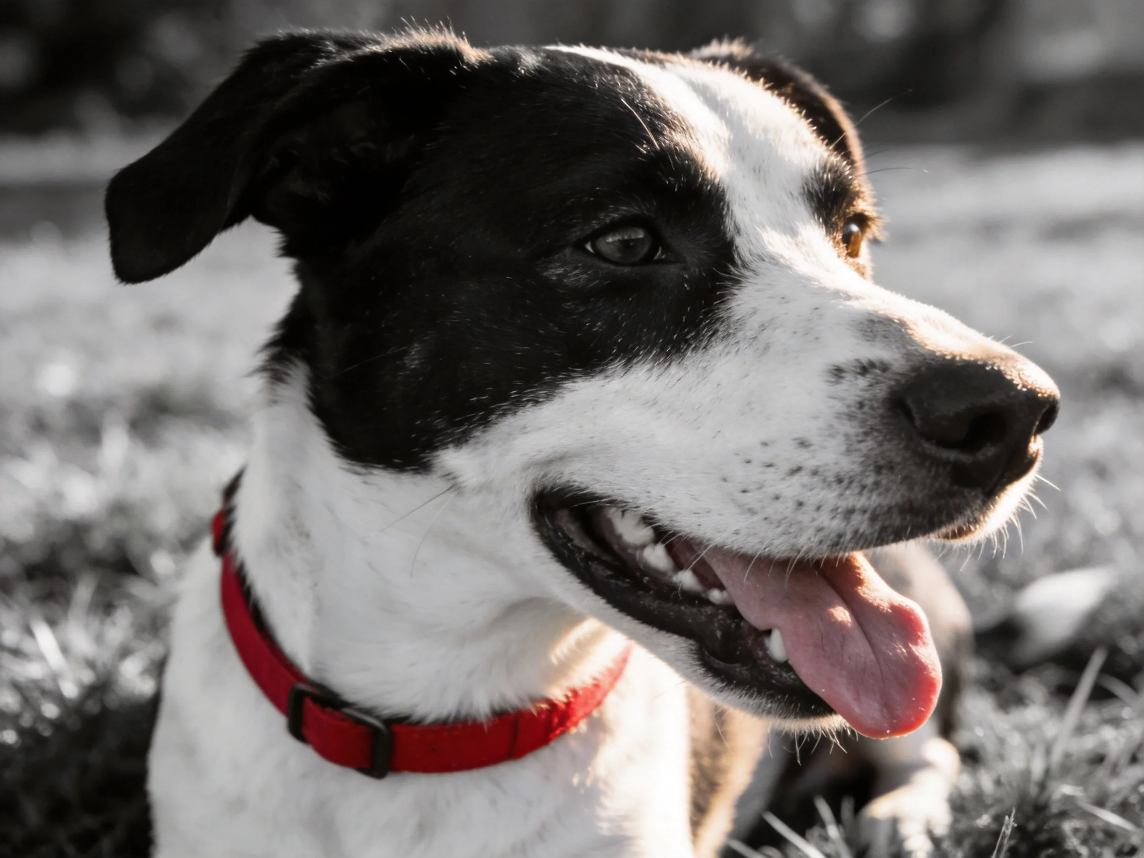 A black and white dog with a red collar relaxes in a grassy outdoor area.