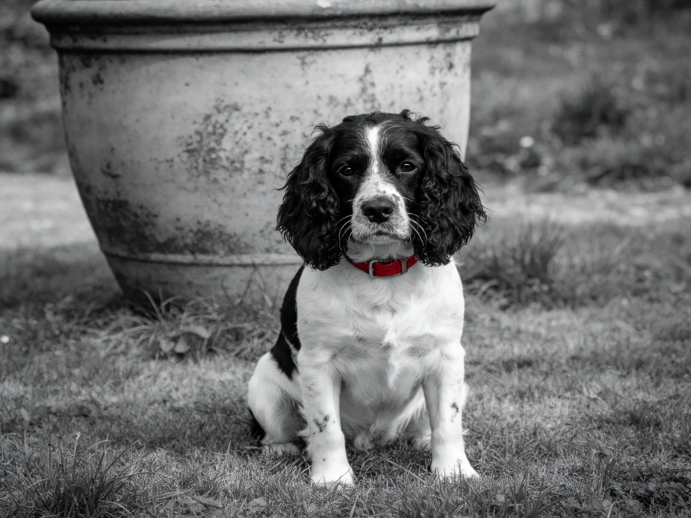 A black-and-white dog with a red collar sits near a large pot on grass.