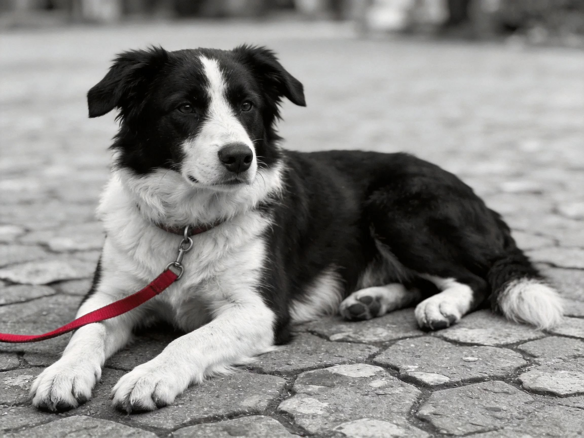 A black and white dog lies on cobblestones with a red leash