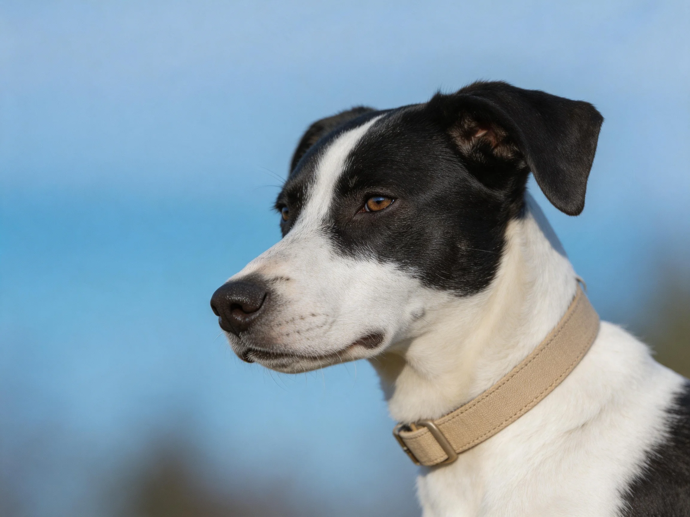 A black-and-white dog with a tan collar stands near a clear blue sky.