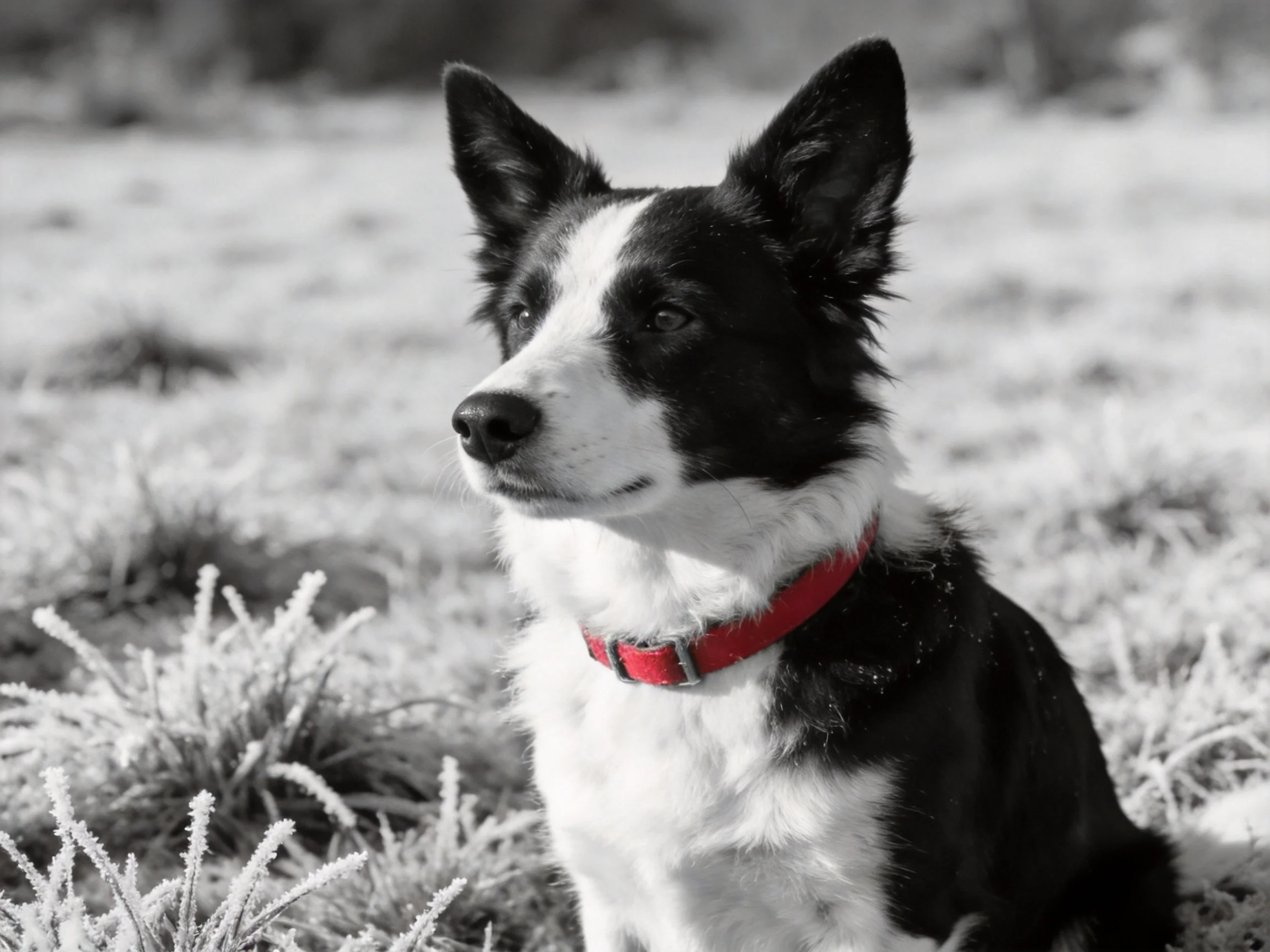 A black and white dog with a vibrant red collar sits in a frosty field