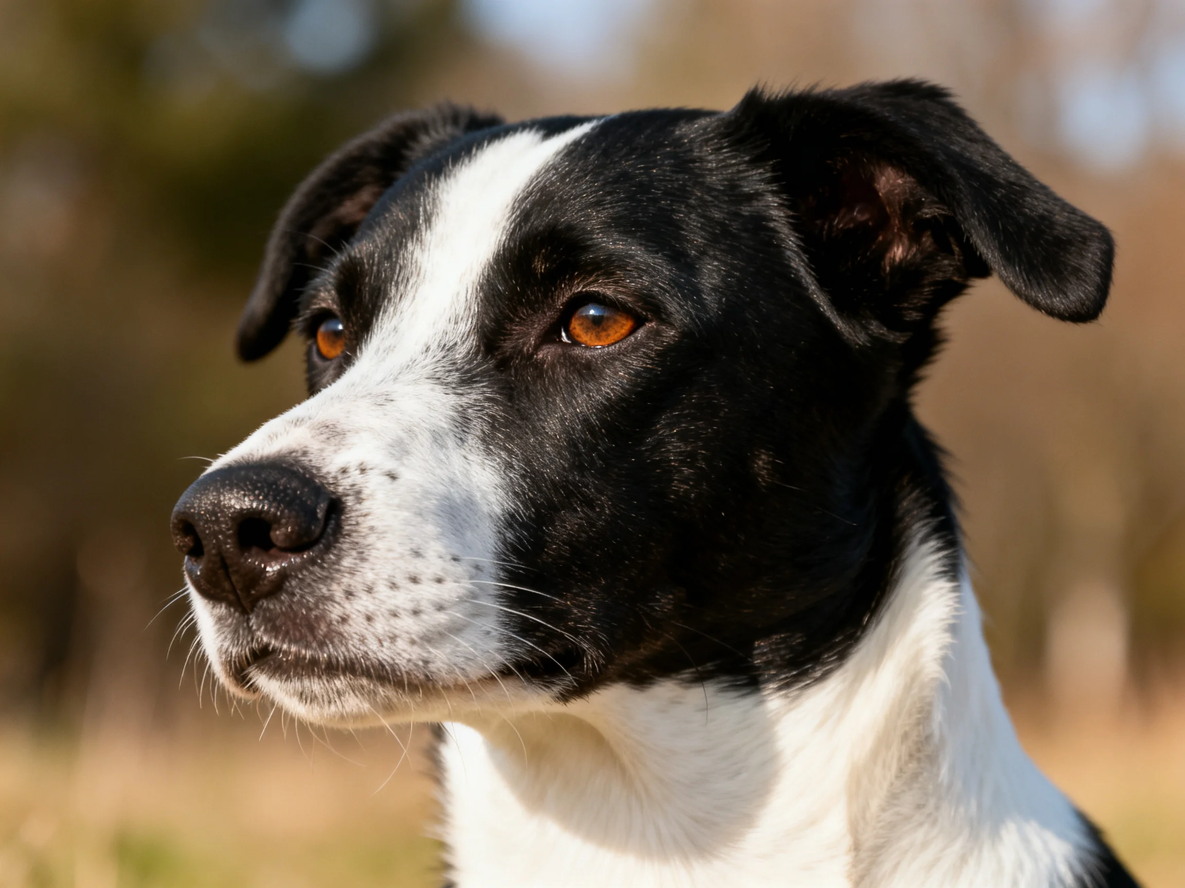 A black and white dog with amber eyes gazes thoughtfully outdoors