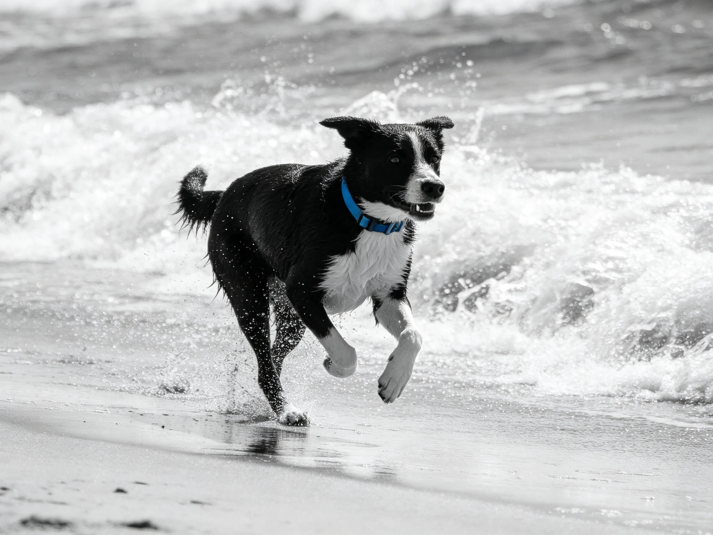 A black and white dog with blue collar runs near crashing ocean waves.