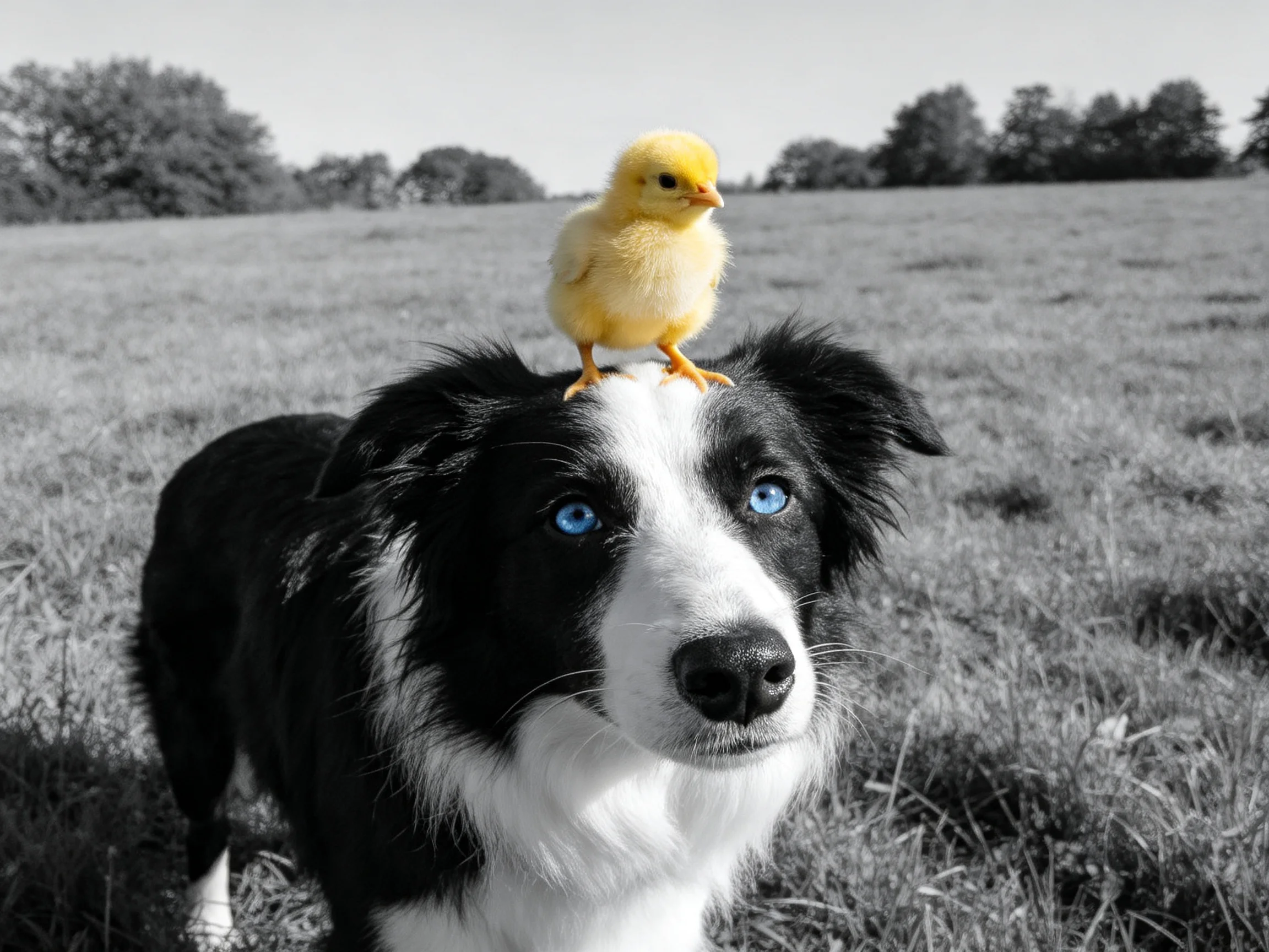 A black and white dog with blue eyes stands in a field as a small yellow chick rests on its head