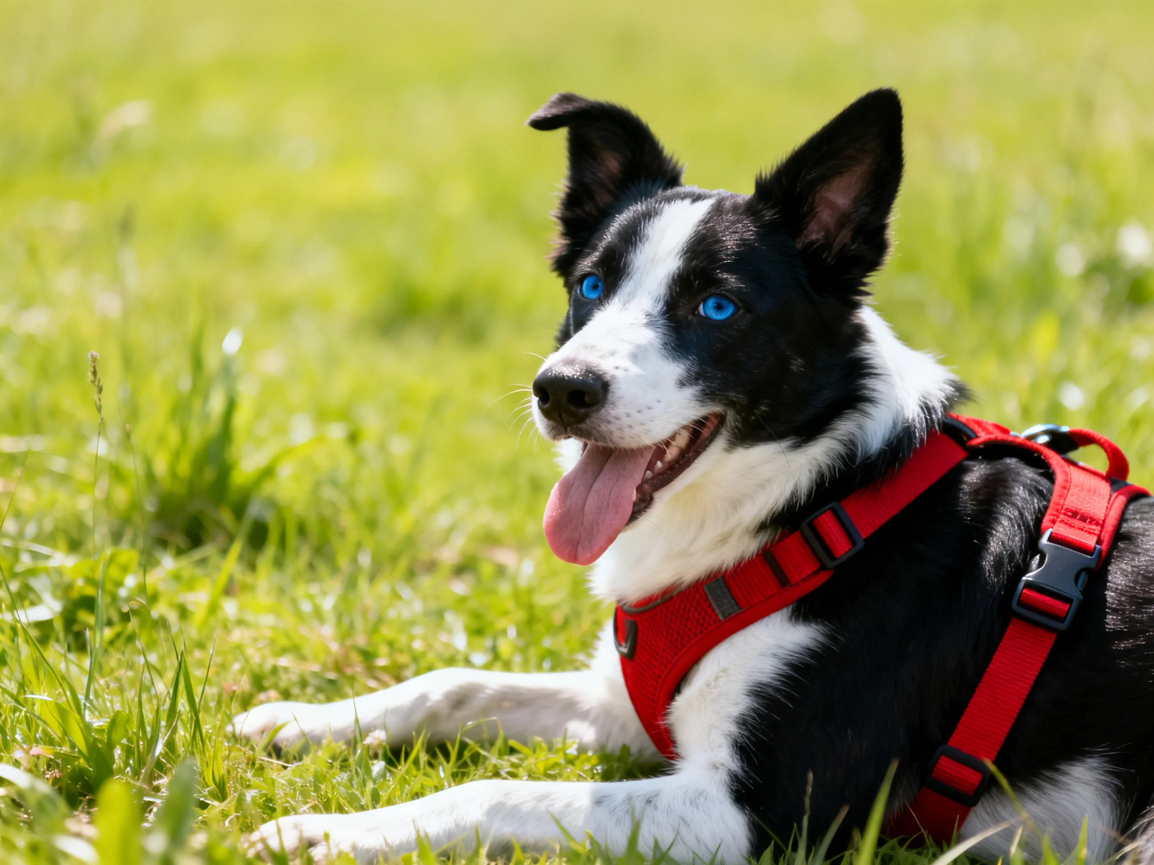 A black-and-white dog with blue eyes relaxes on green grass while wearing a red harness.