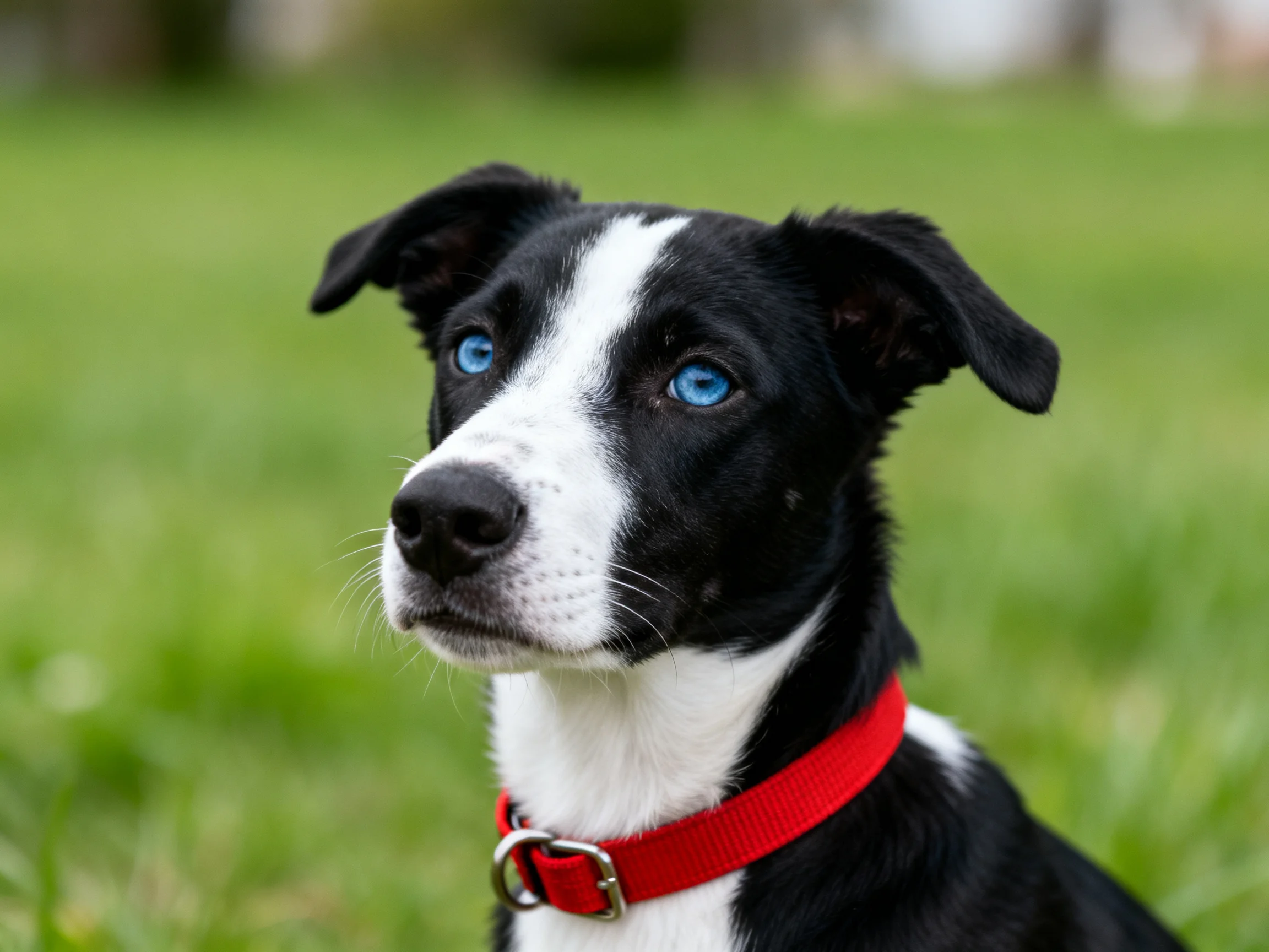 A black and white dog with a red collar is in an outdoor grassy area.