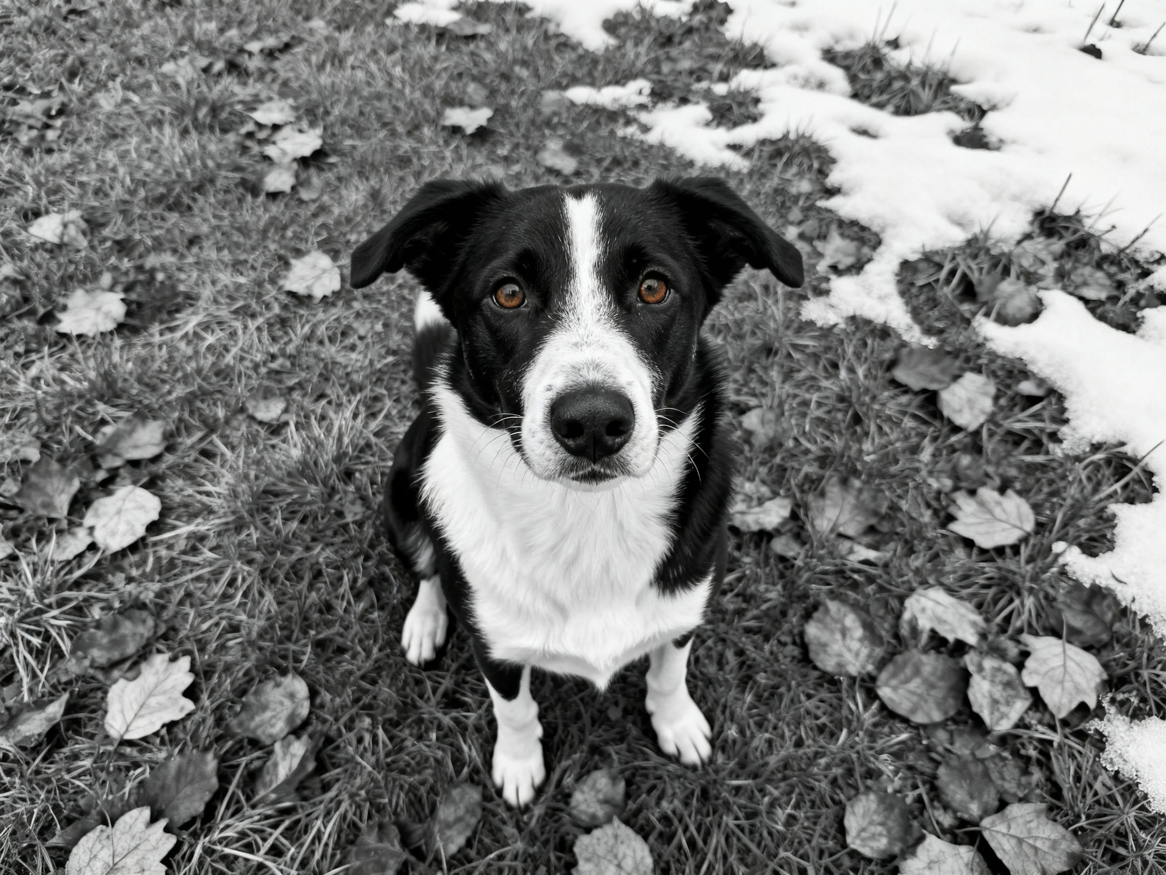 A black and white dog with brown eyes sits near scattered leaves and snow.