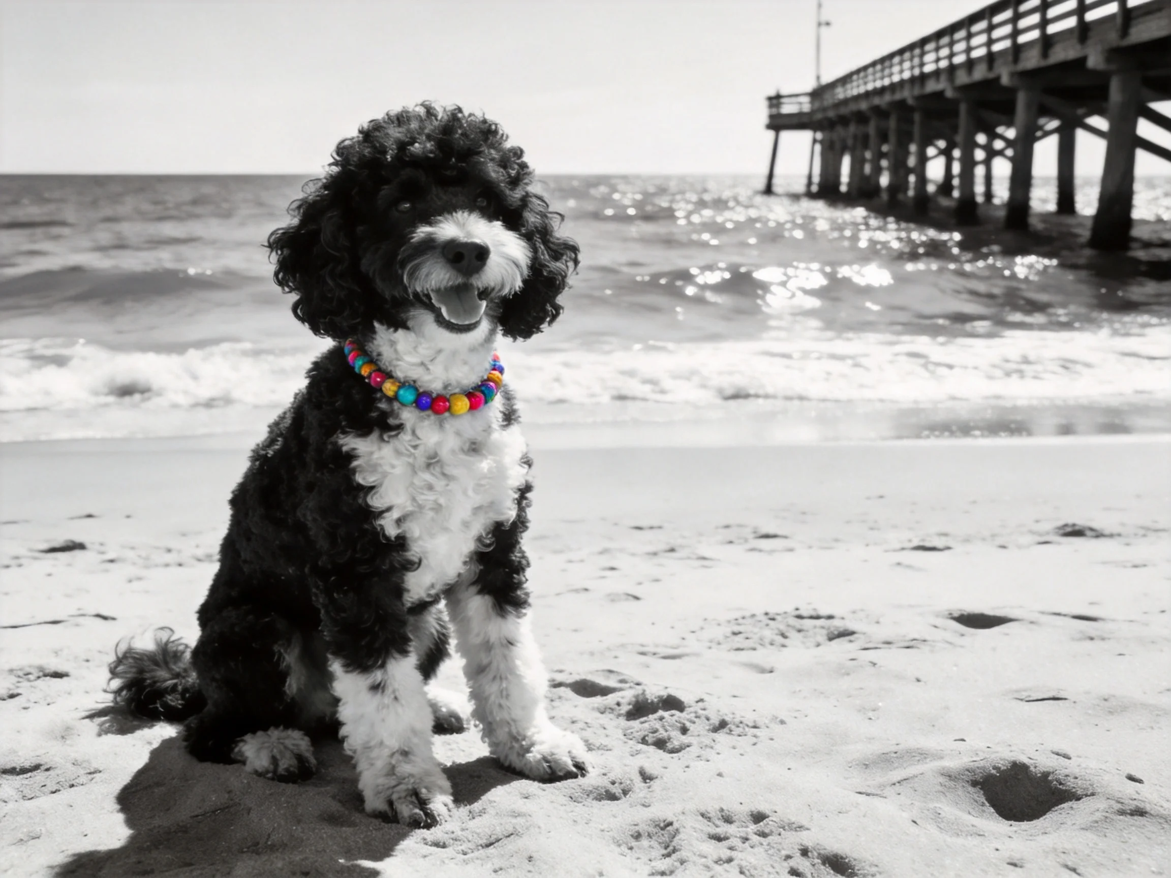 A black-and-white dog with a colorful necklace sits on a sandy beach by the ocean.