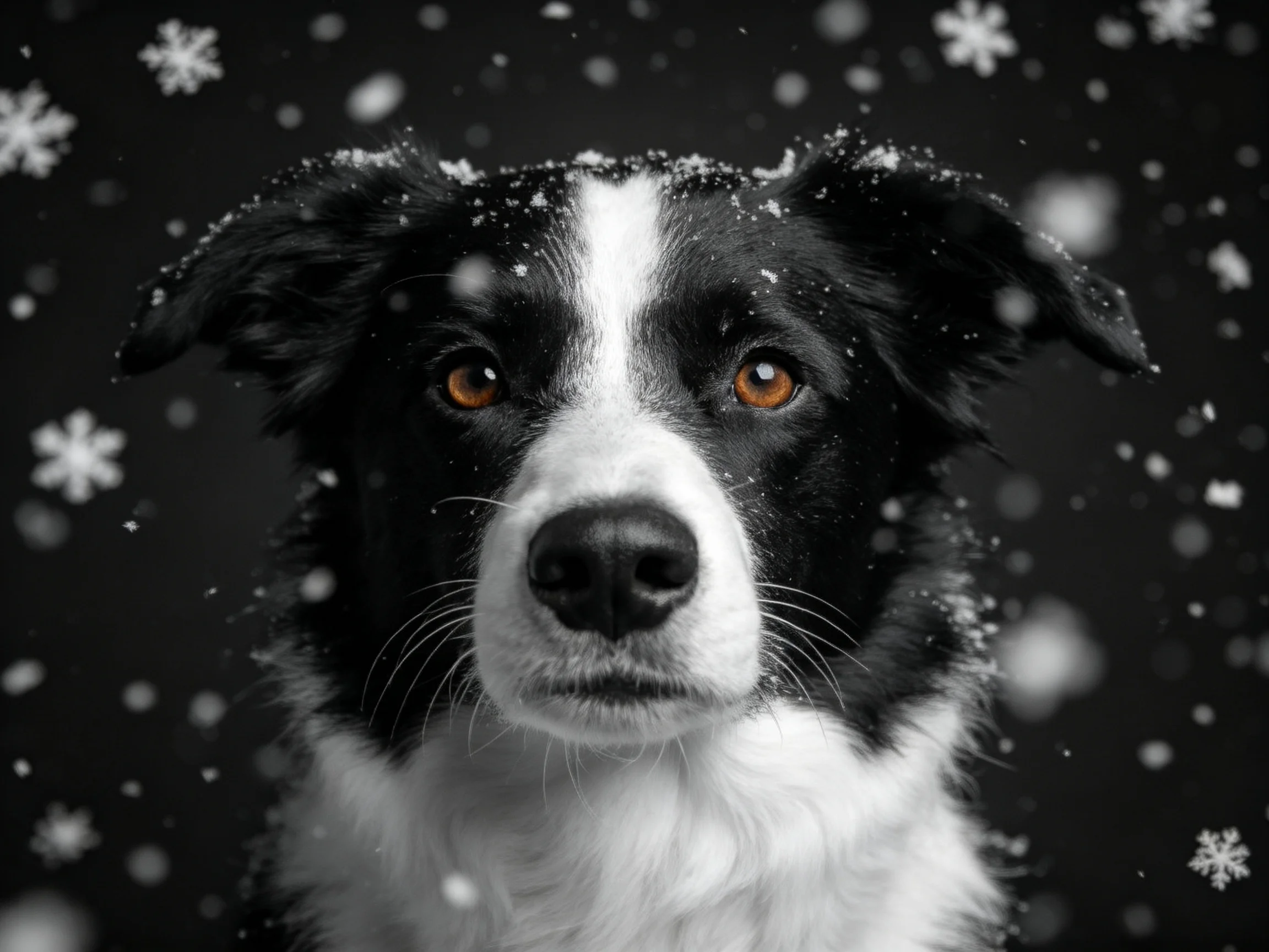 A black-and-white dog with golden eyes stands amid falling snowflakes.