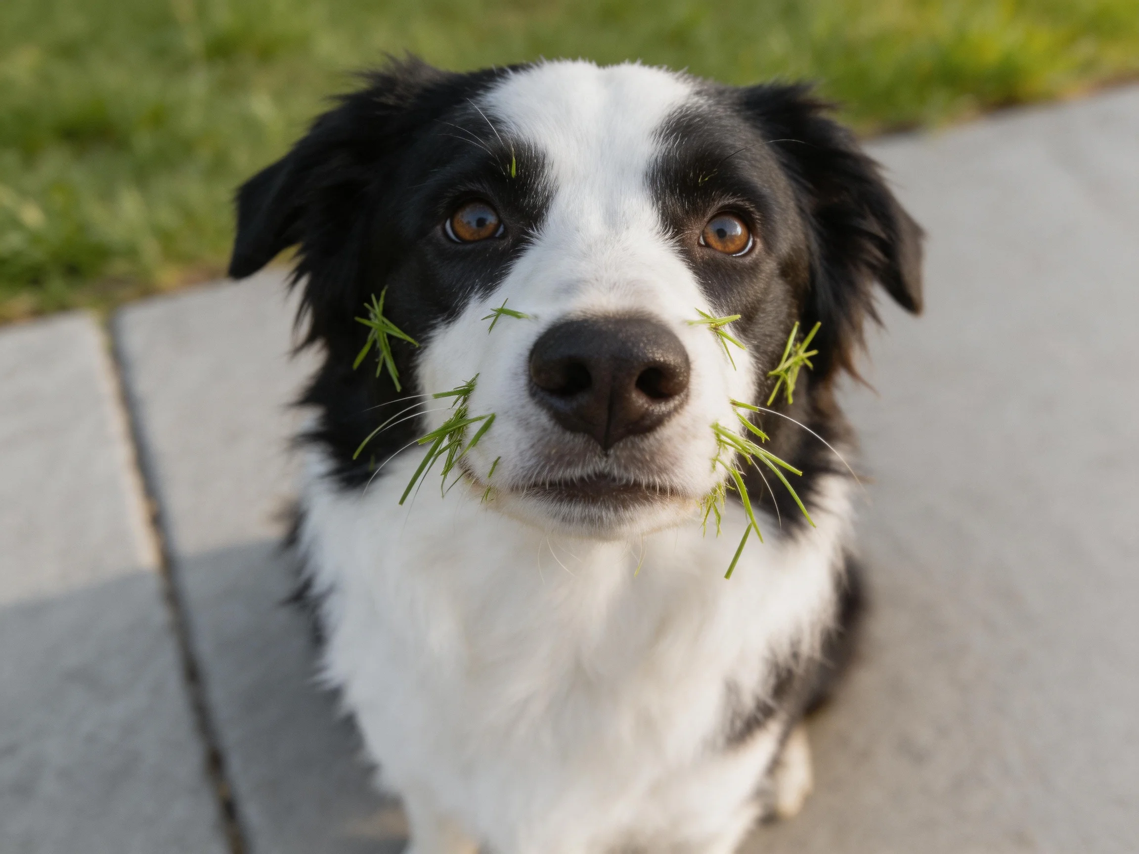 A black and white dog stands on a concrete path with grass in its mouth.