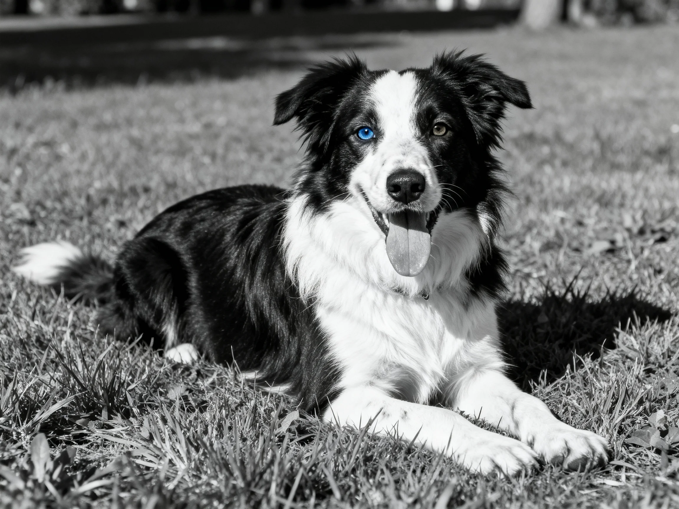 A black and white dog with heterochromatic eyes lying on grass