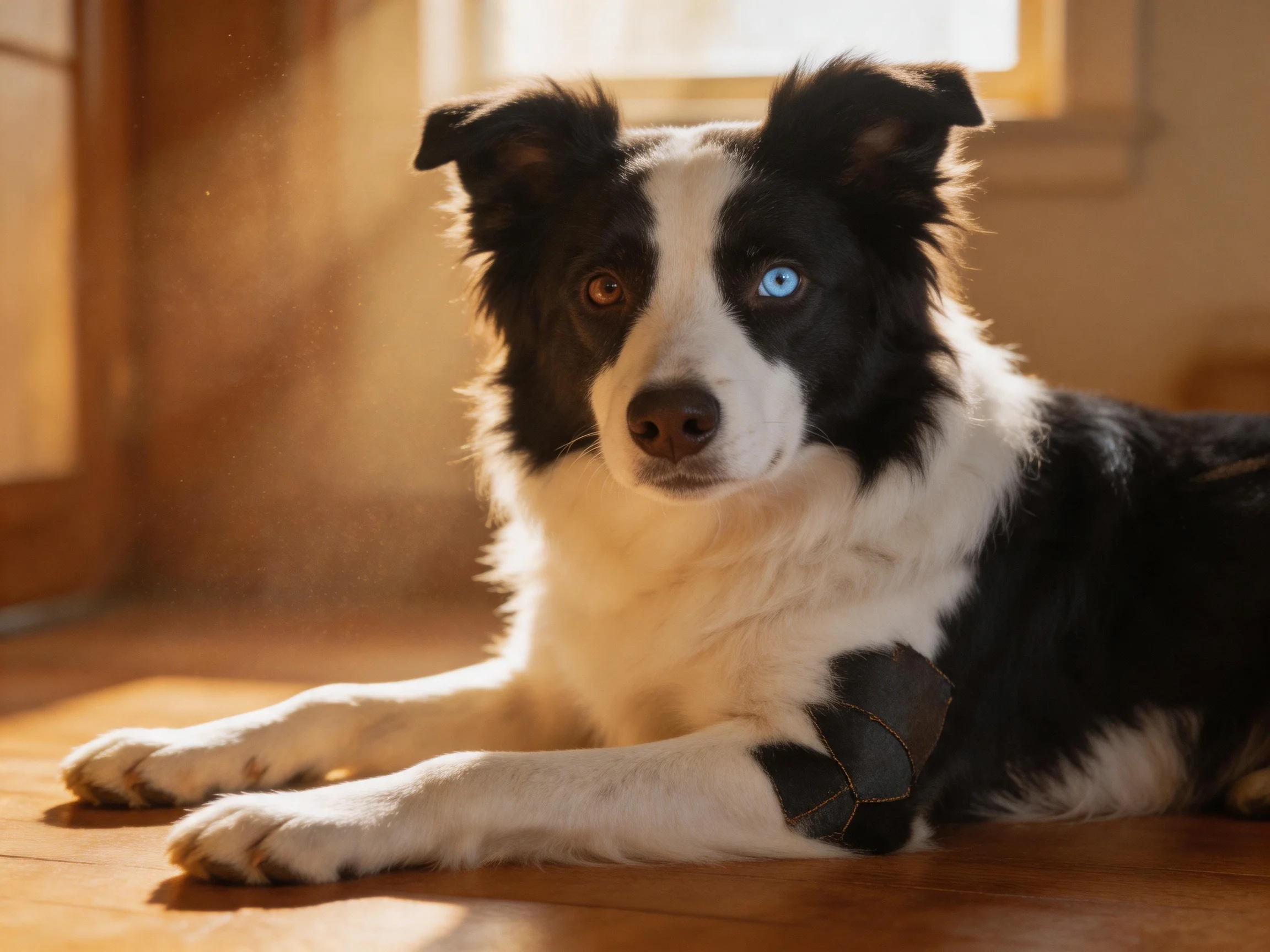 A black and white dog with heterochromatic eyes rests near a window