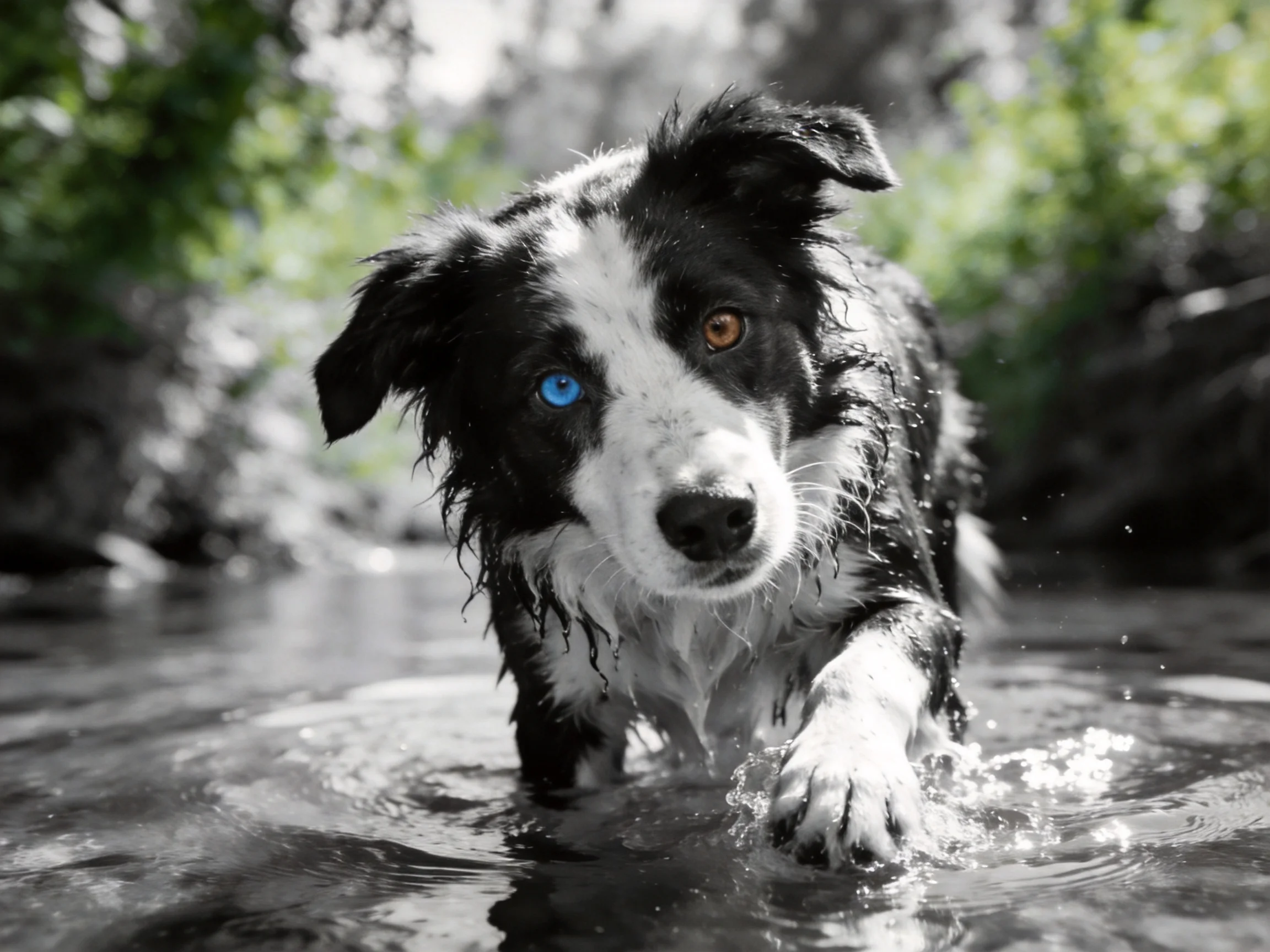 A black-and-white dog with differently colored eyes explores a shallow stream