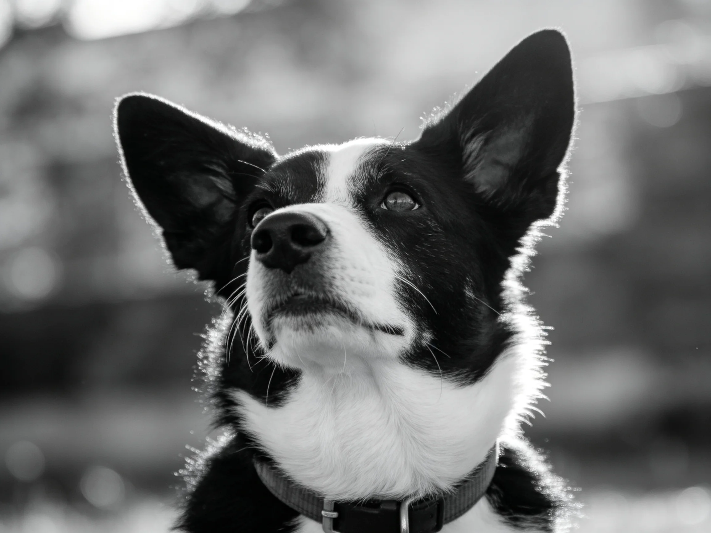 A black and white dog with perked ears gazes upward in a blurred outdoor scene
