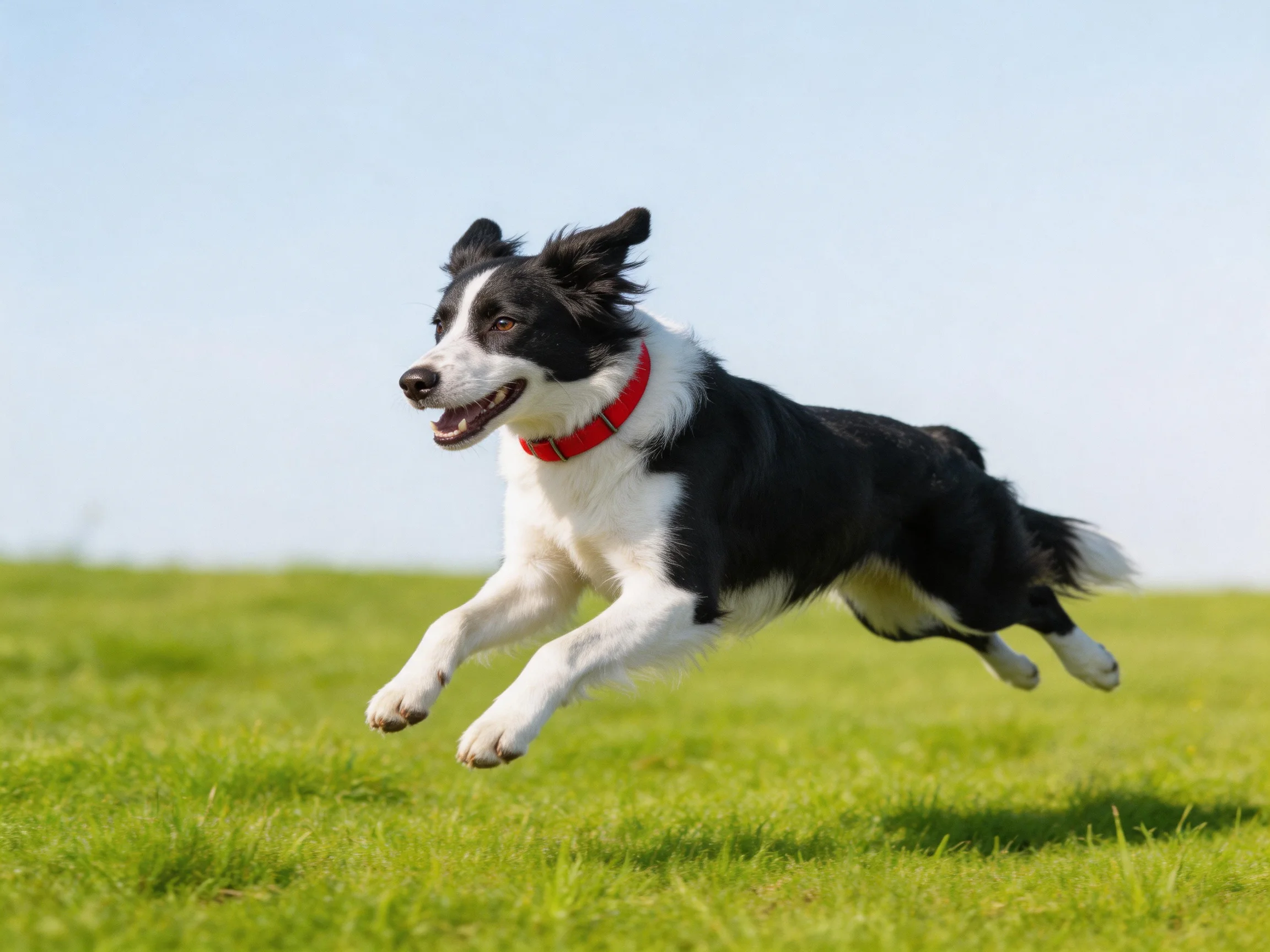 A black and white dog with a red collar leaps across a grassy field.