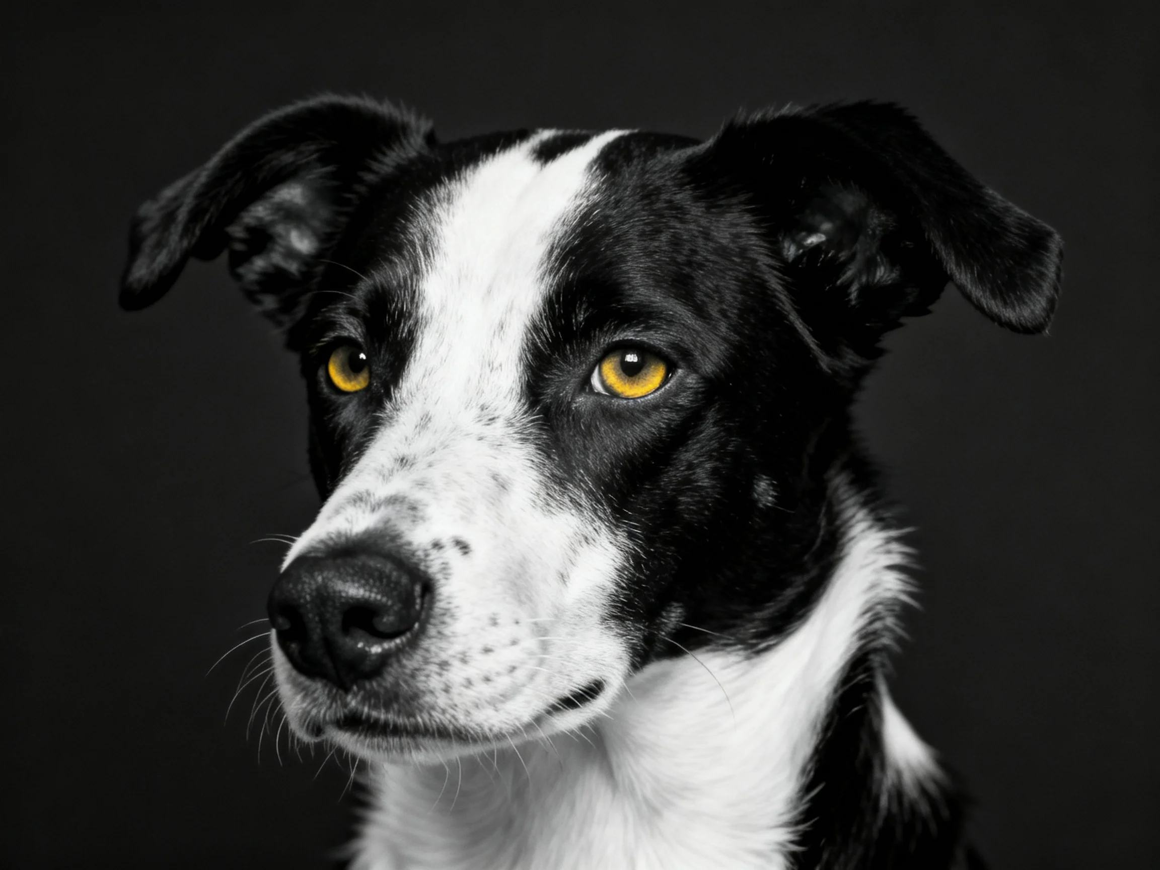 A black-and-white dog with striking yellow eyes against a dark backdrop