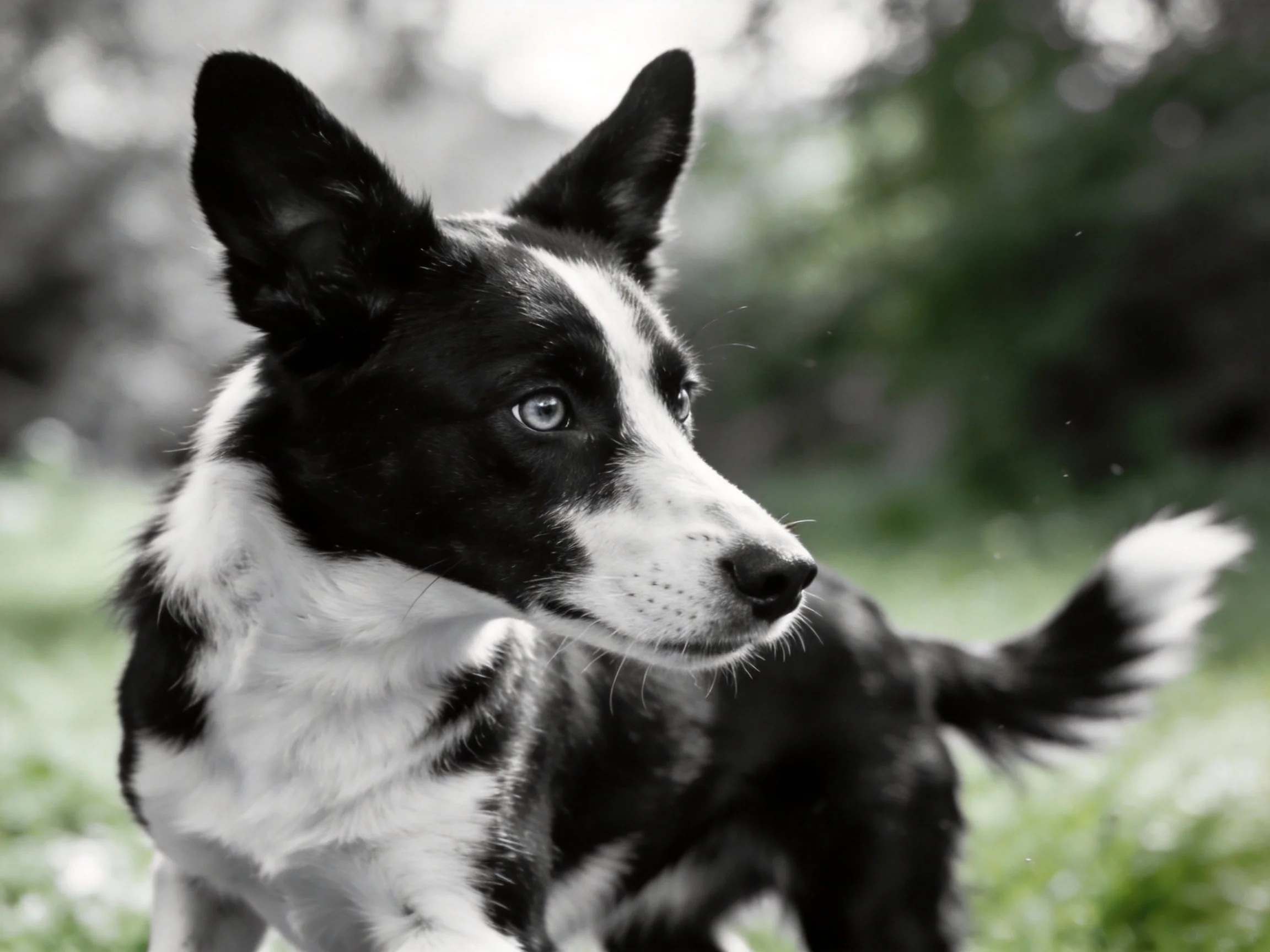 A black and white dog stands alert in a grassy outdoor area.
