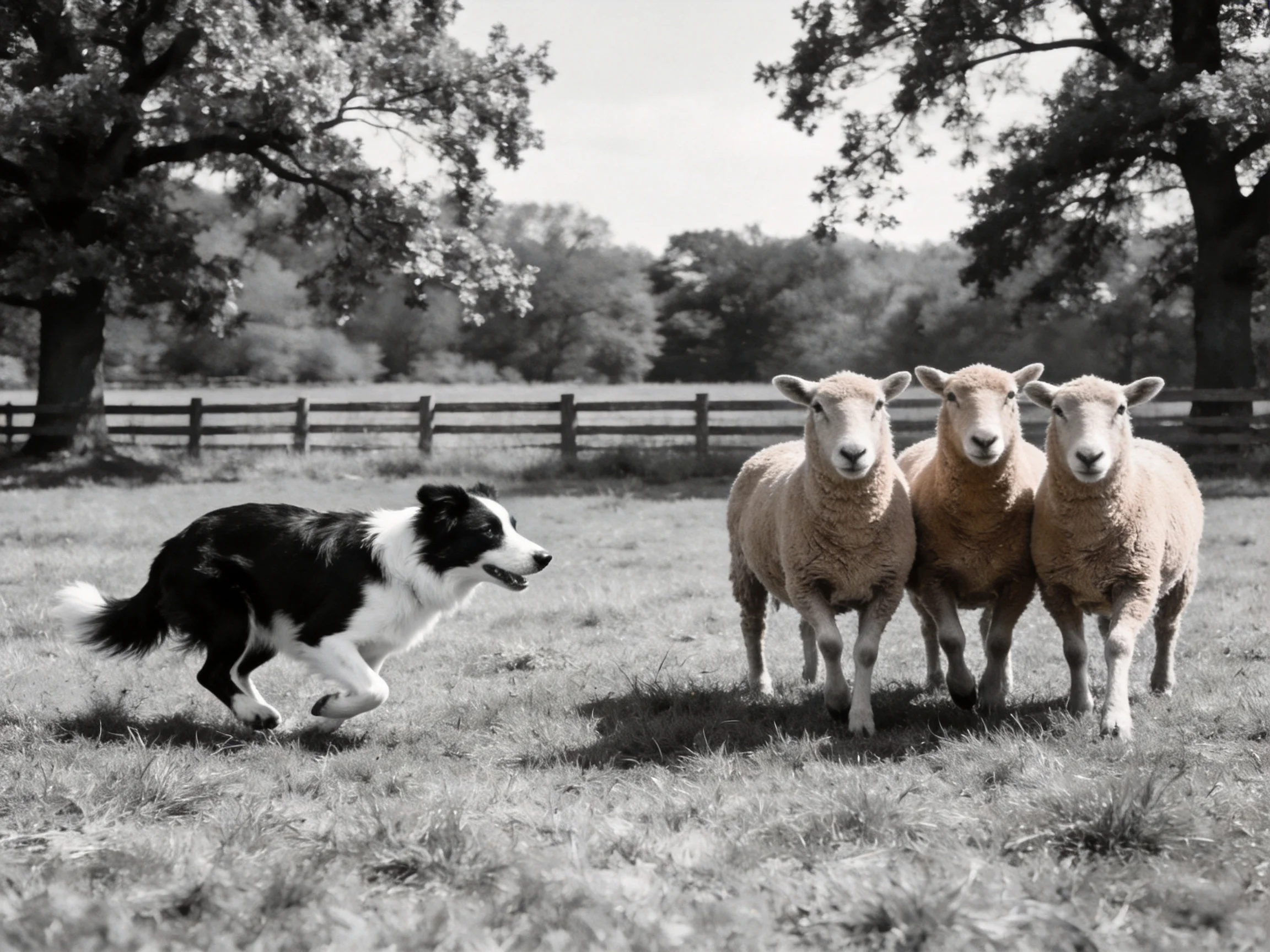 A black and white dog directs three sheep near a wooden fence in an open field.