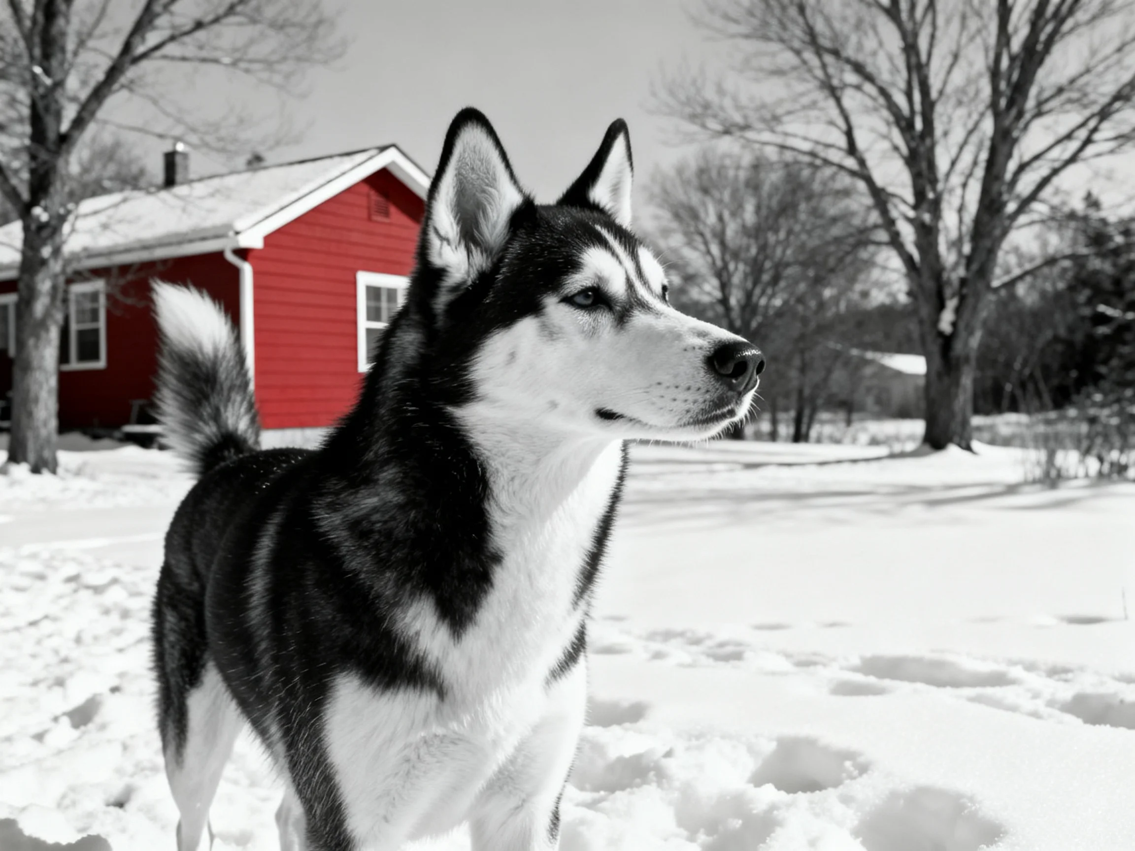 A black-and-white husky stands outside a red house in a snowy area.