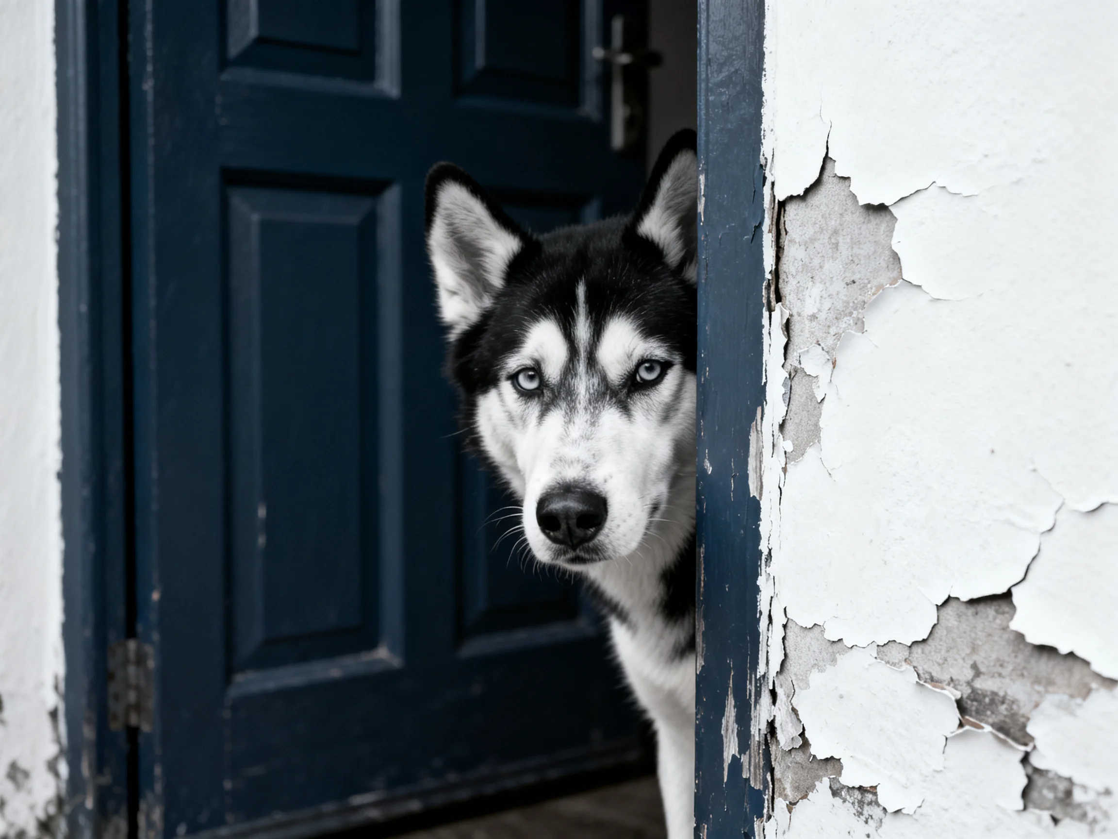 A black-and-white husky peers from a weathered doorway with peeling white walls