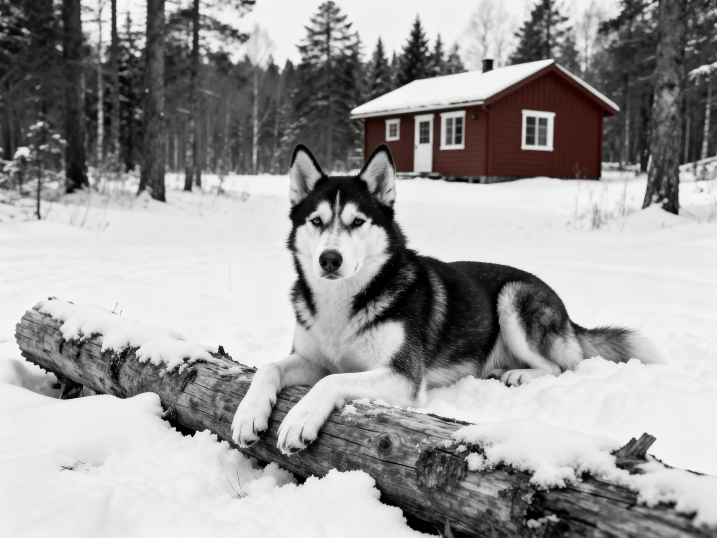 A husky lies on a snow-covered log outside a red cabin in a snowy forest.