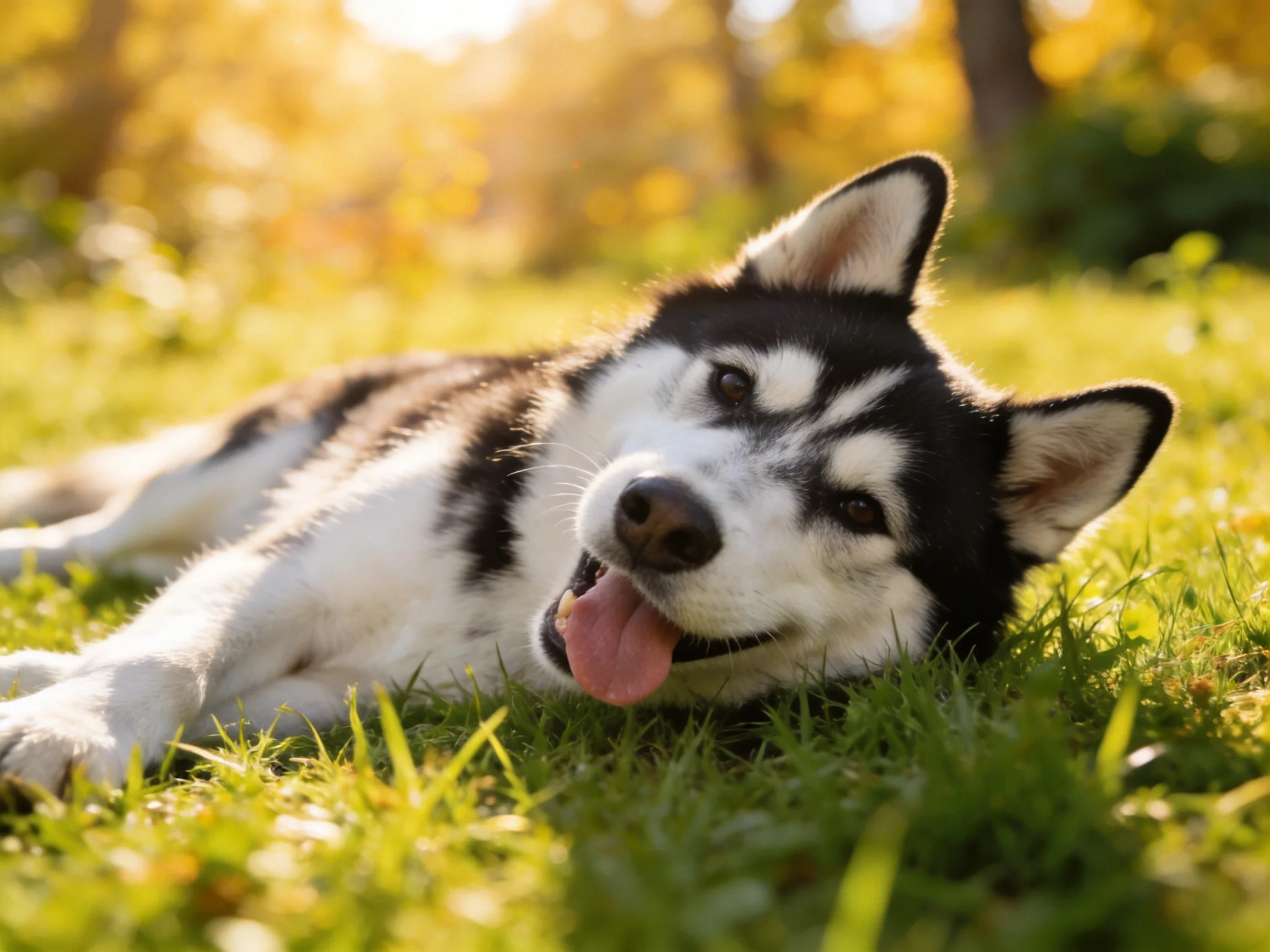 A black-and-white husky rests contentedly on sun-dappled green grass
