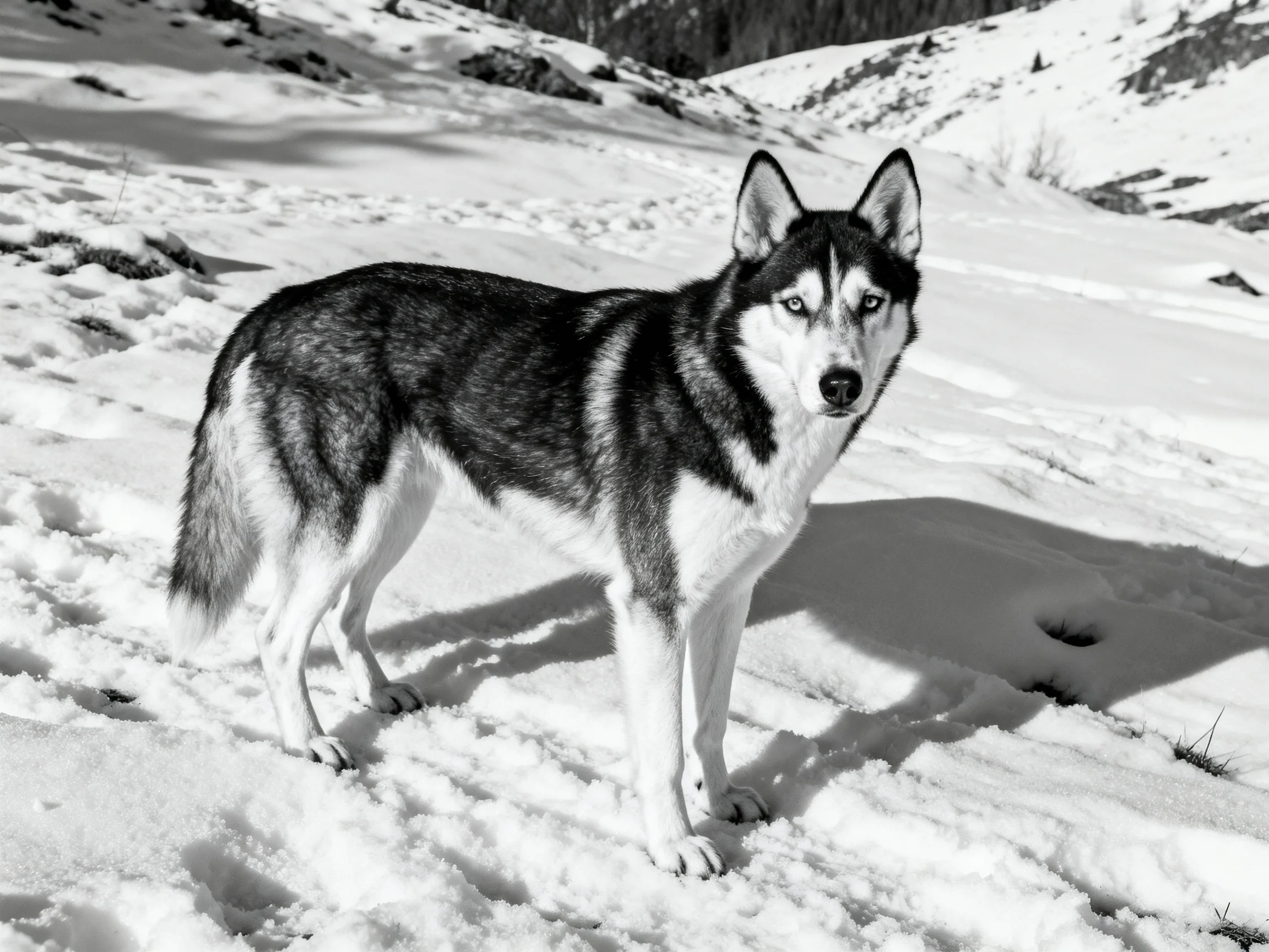 A black-and-white husky stands in a snow-filled mountainous terrain