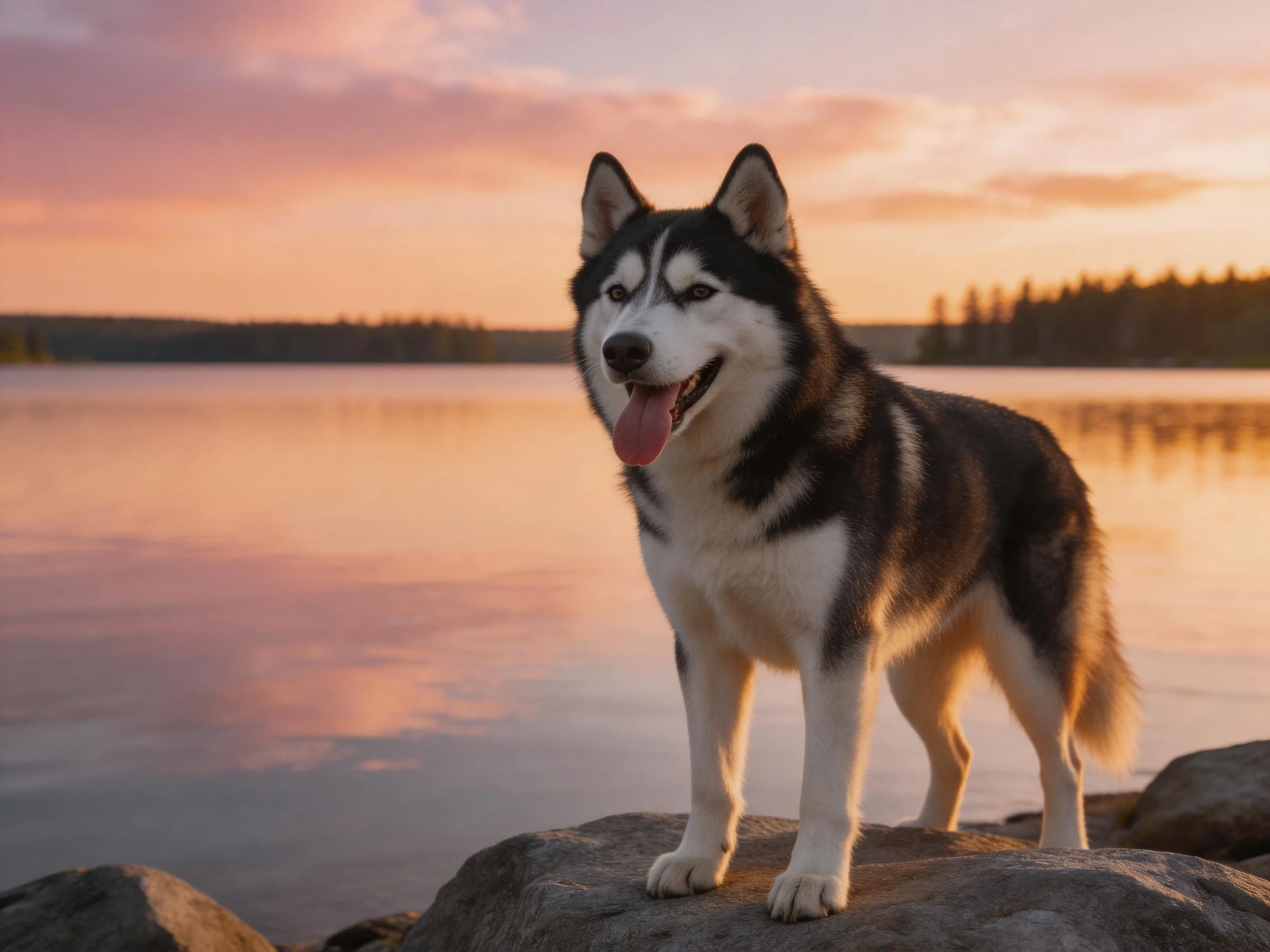 A black-and-white husky stands on rocky shore during golden-hour sunset