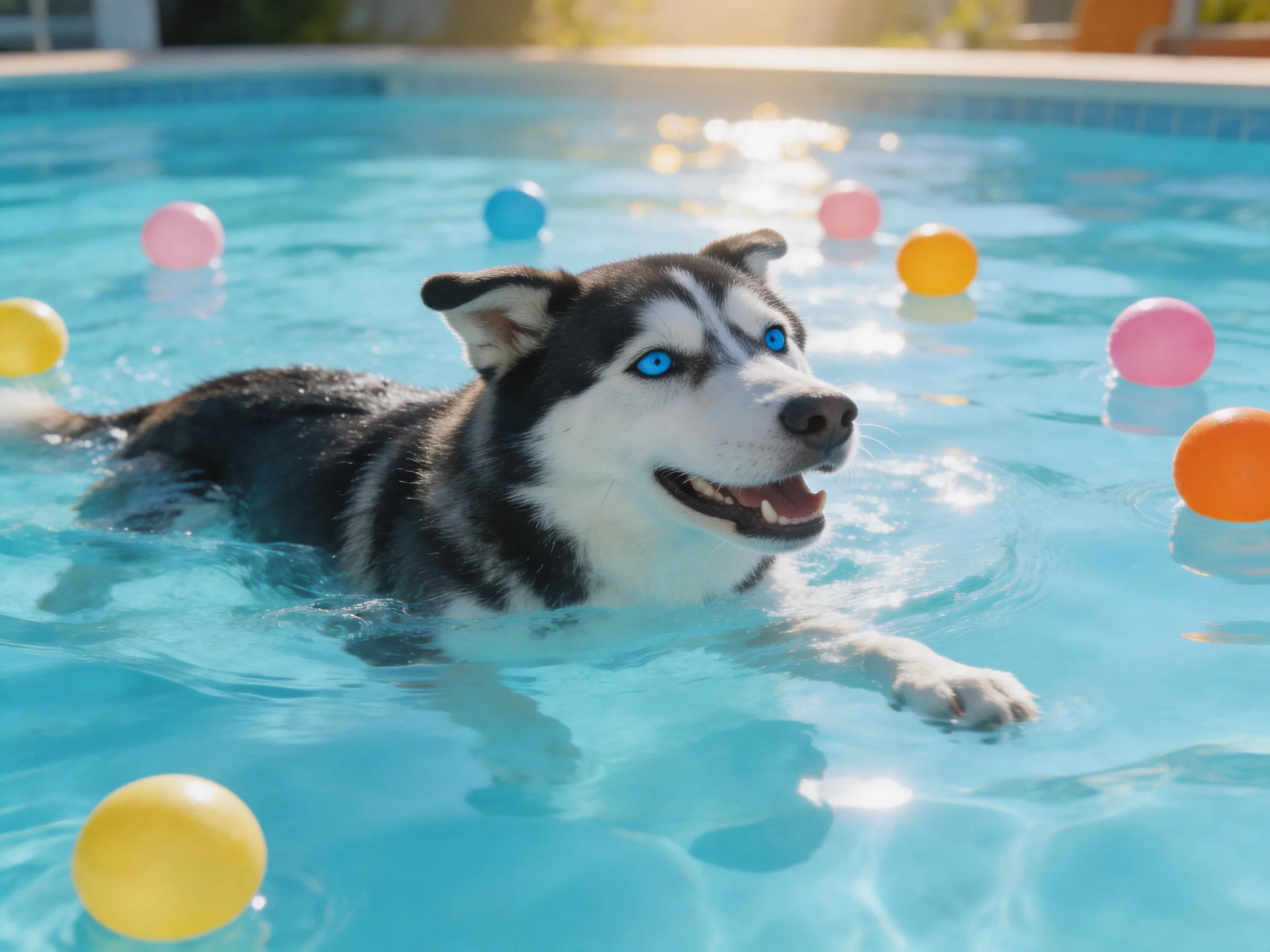 A black-and-white husky swims among colorful plastic balls in a bright pool