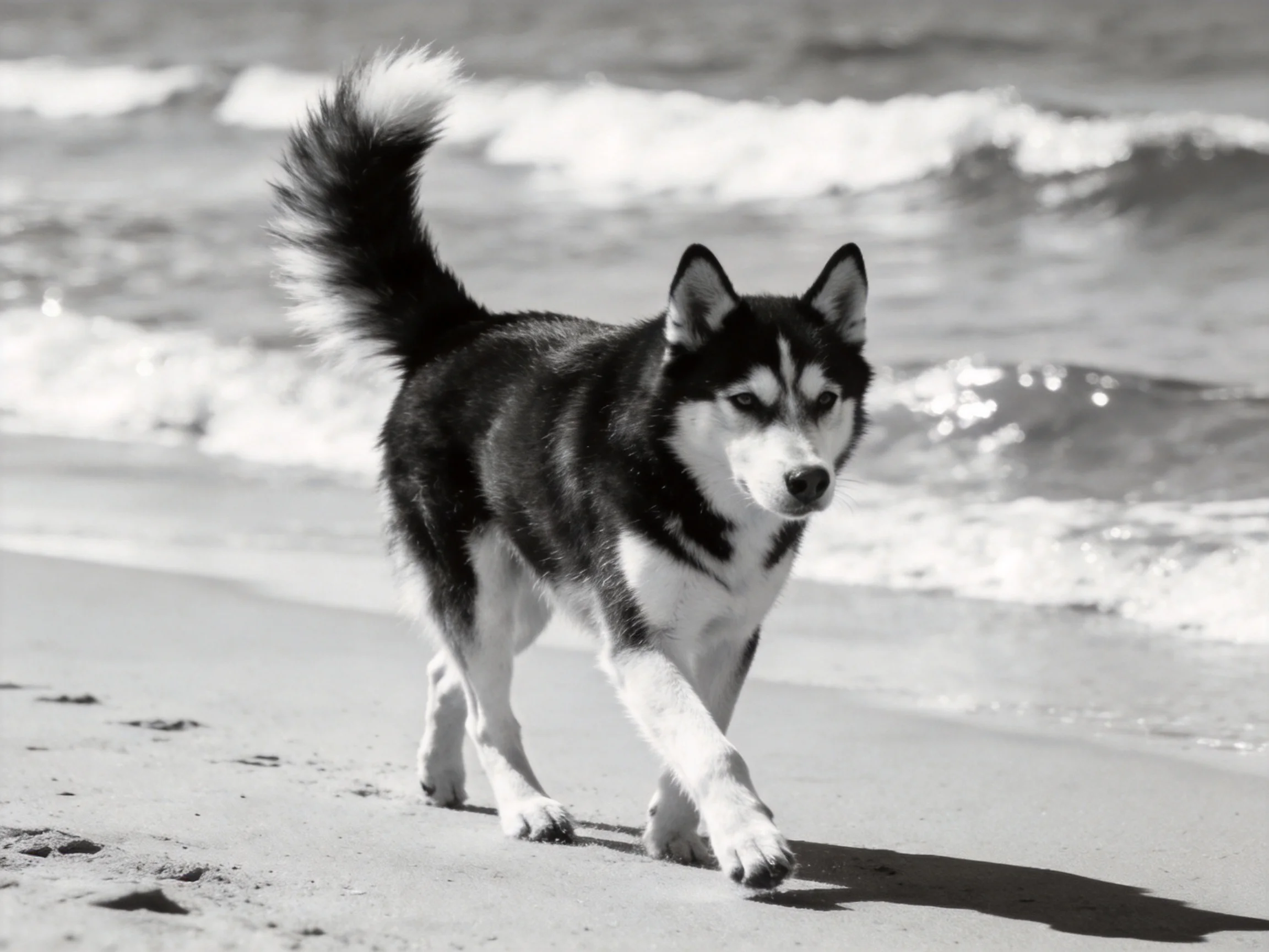 A black-and-white husky walking along a sandy shoreline with crashing waves