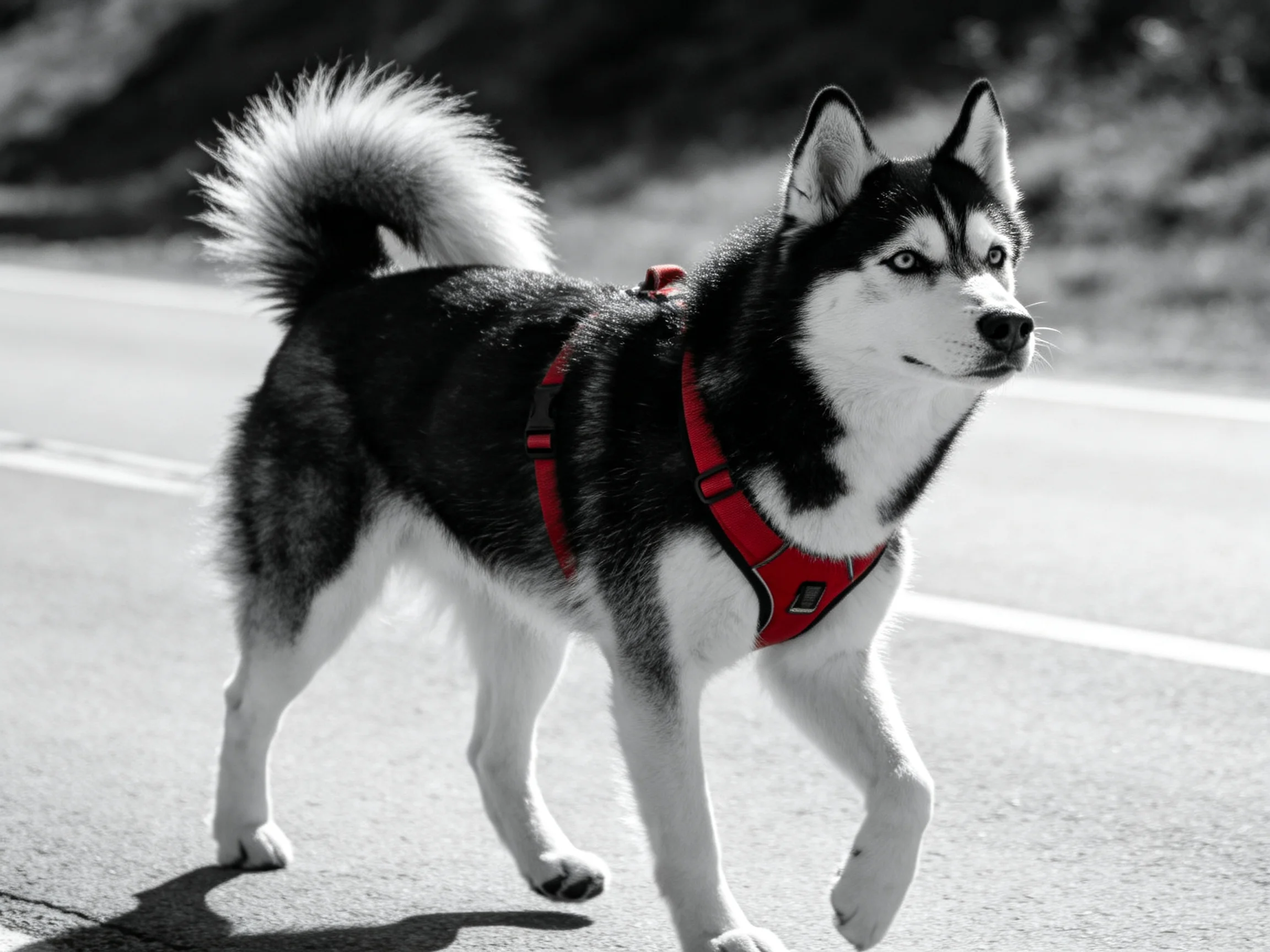 A black-and-white husky with a bright red harness walks on a paved road