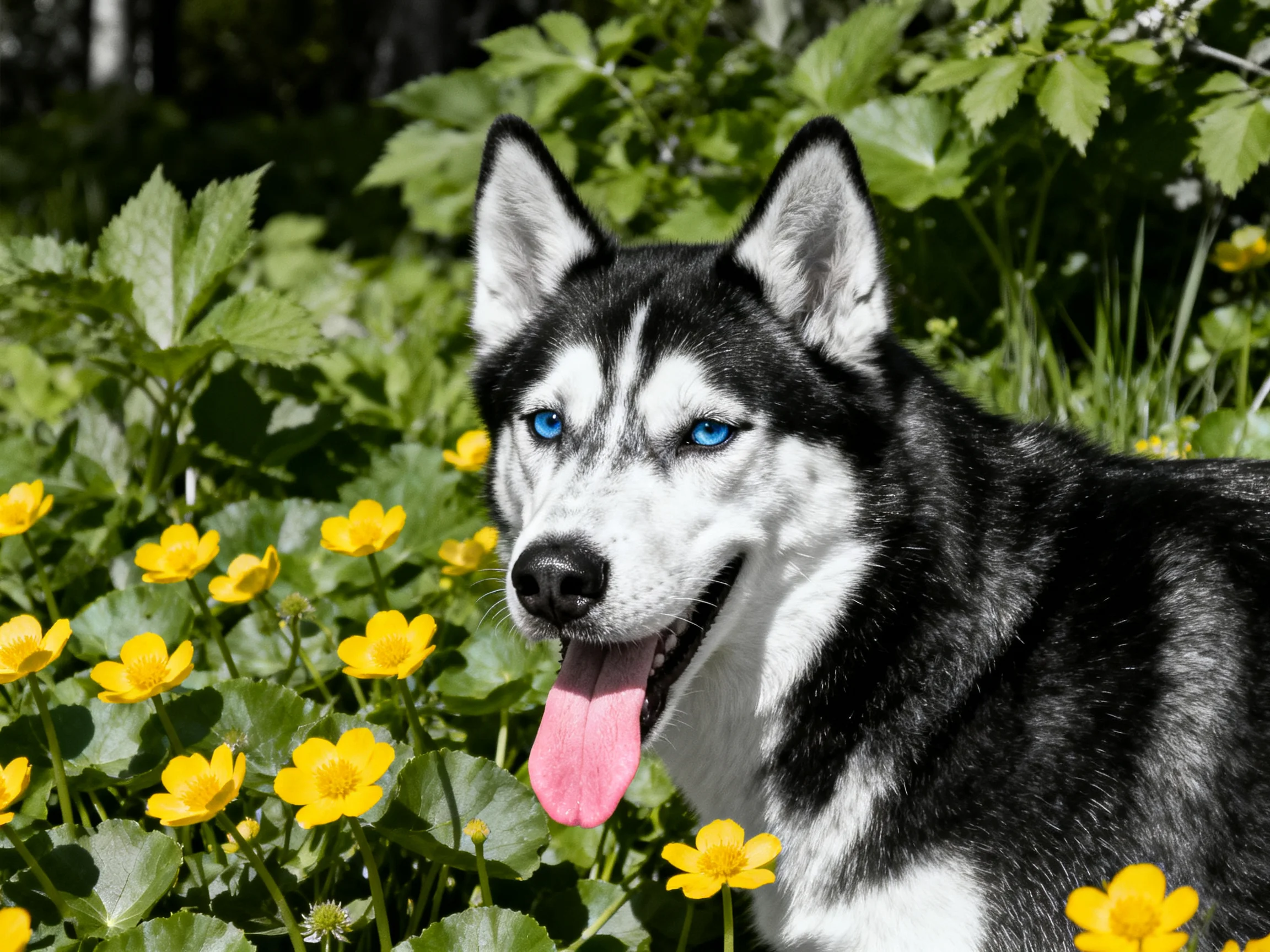 A black-and-white husky with blue eyes among yellow flowers
