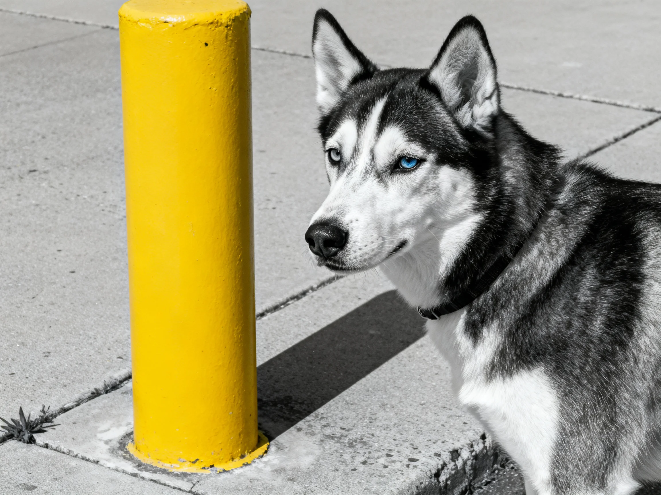 A black-and-white husky with blue eyes by a yellow bollard