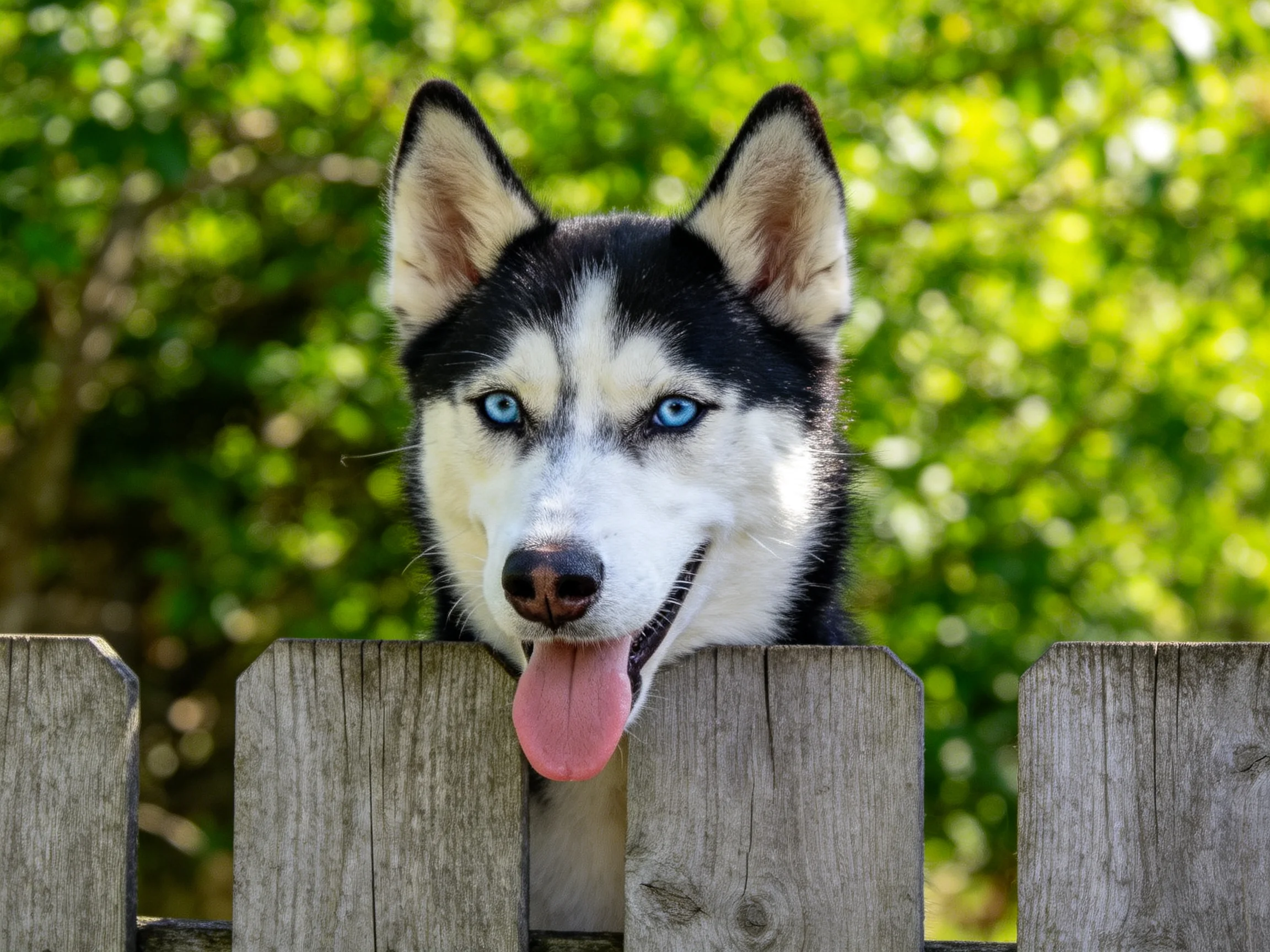 A black-and-white husky with blue eyes peers over a weathered wooden fence