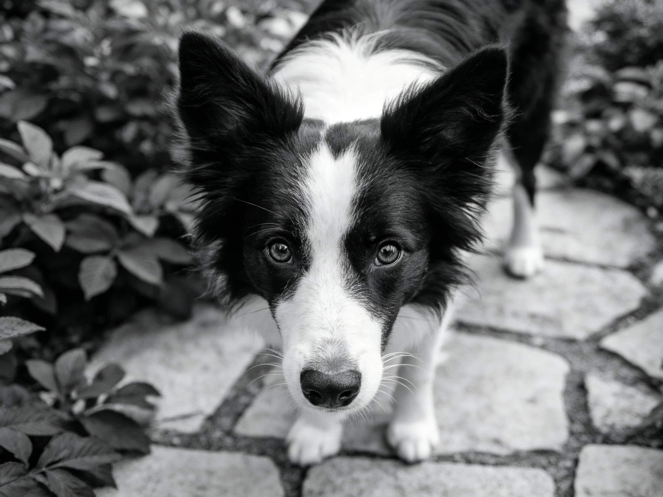 A black-and-white image of a Border Collie on a stone path amid foliage foliage.