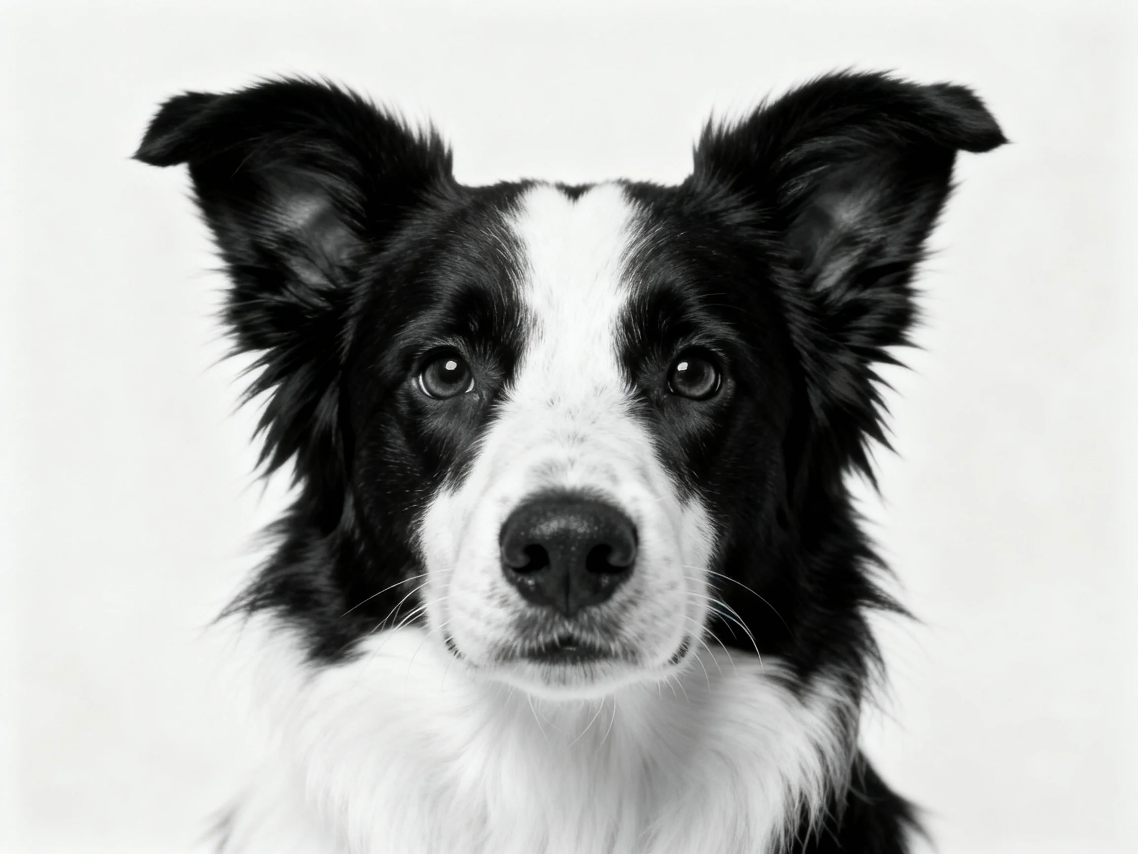A black and white portrait of a Border Collie with distinct facial markings