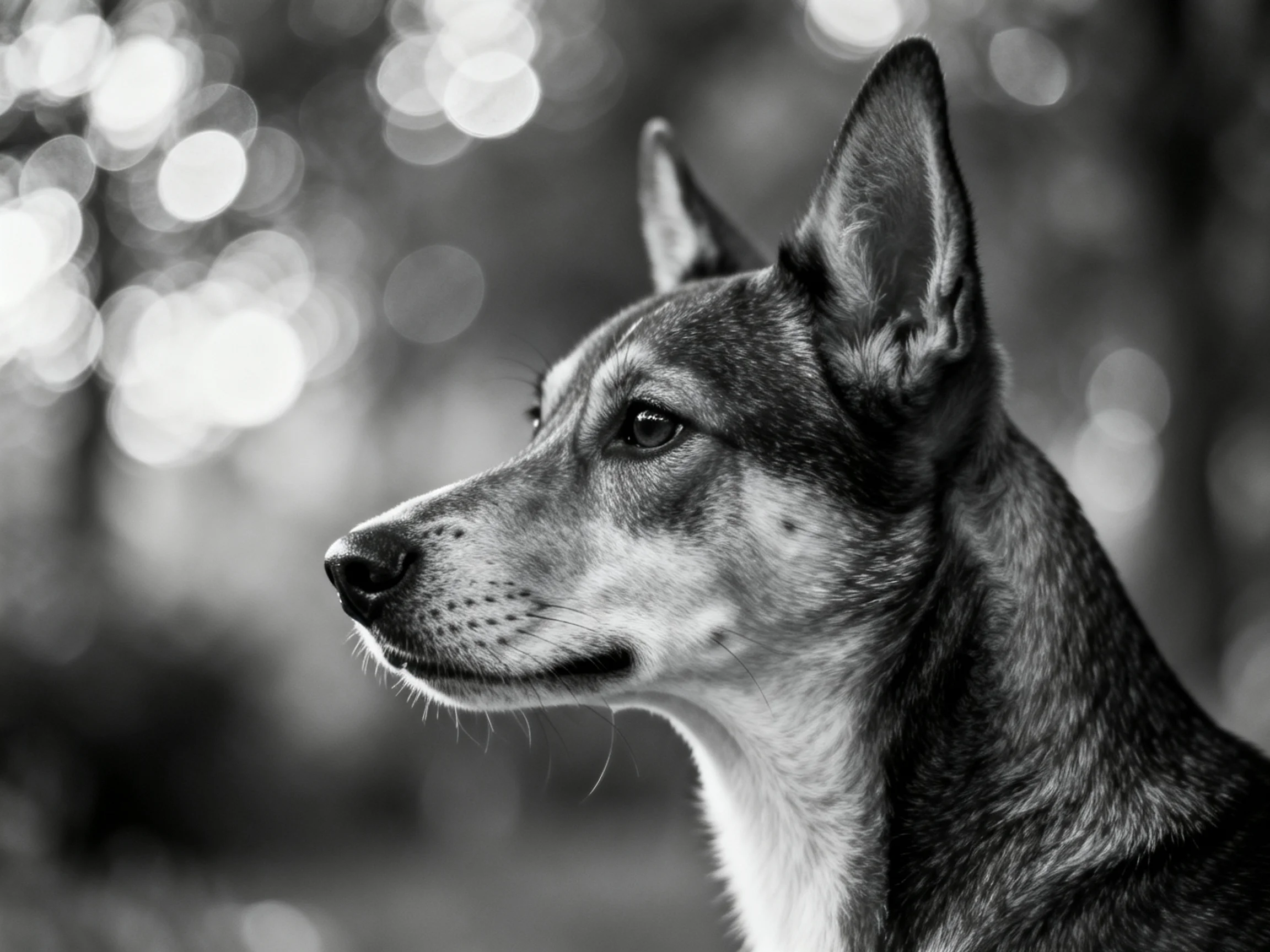 A black-and-white portrait of a dog with pointed ears and focused gaze