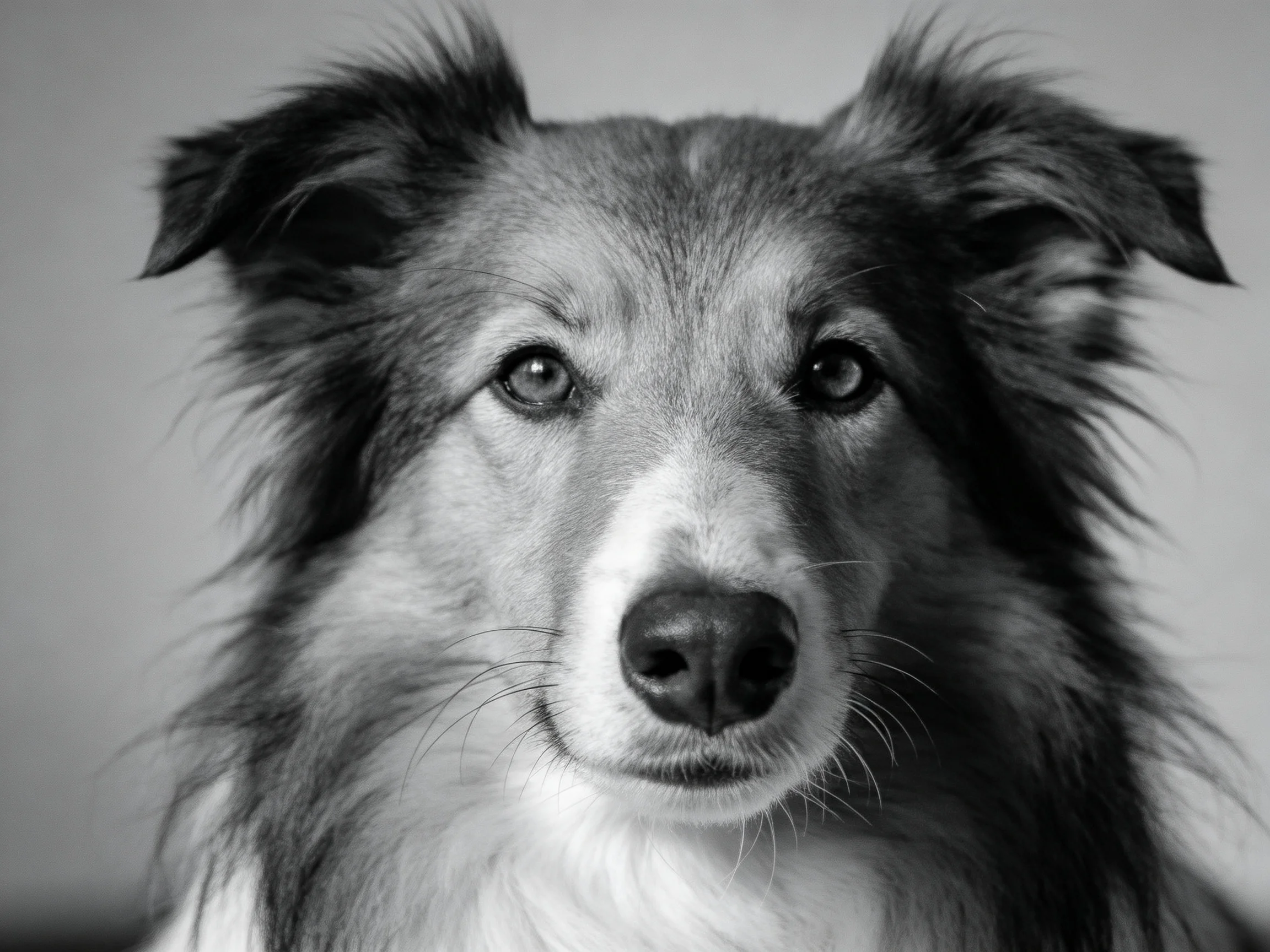 A black and white portrait of a shaggy - coated dog with expressive eyes