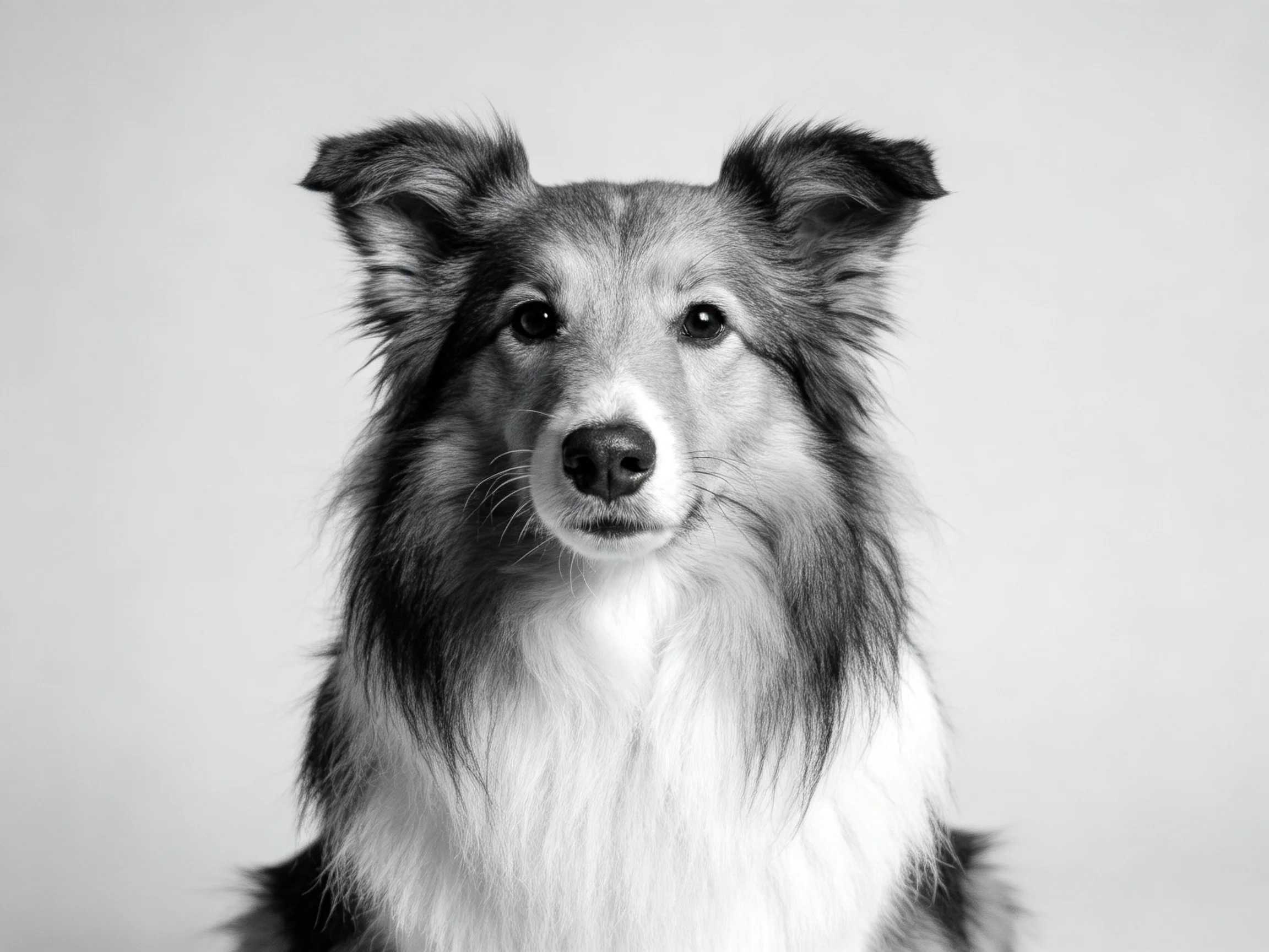 A black and white portrait of a shaggy-coated collie dog