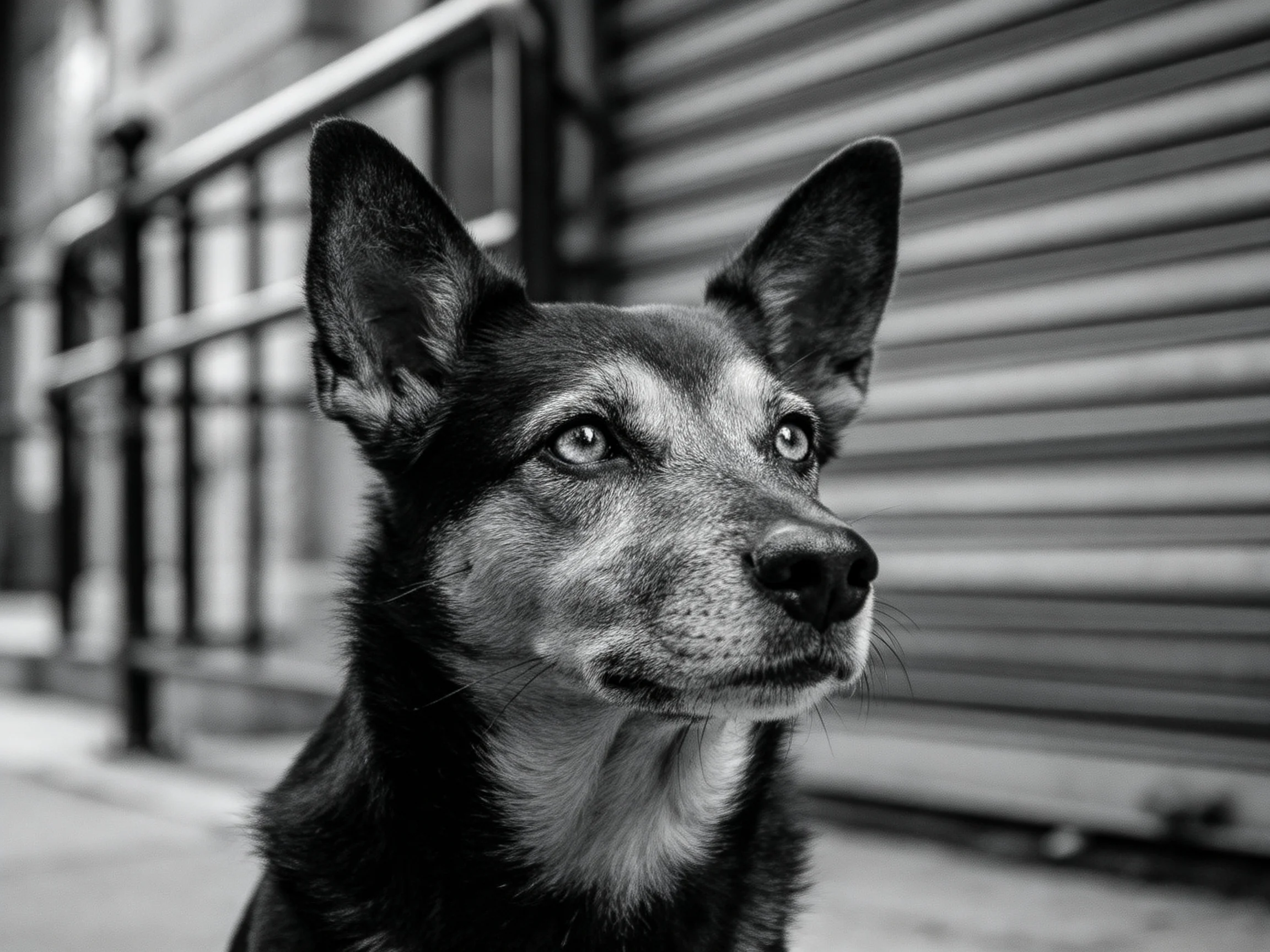 A black and white portrait of an attentive mixed-breed dog near an industrial shutter