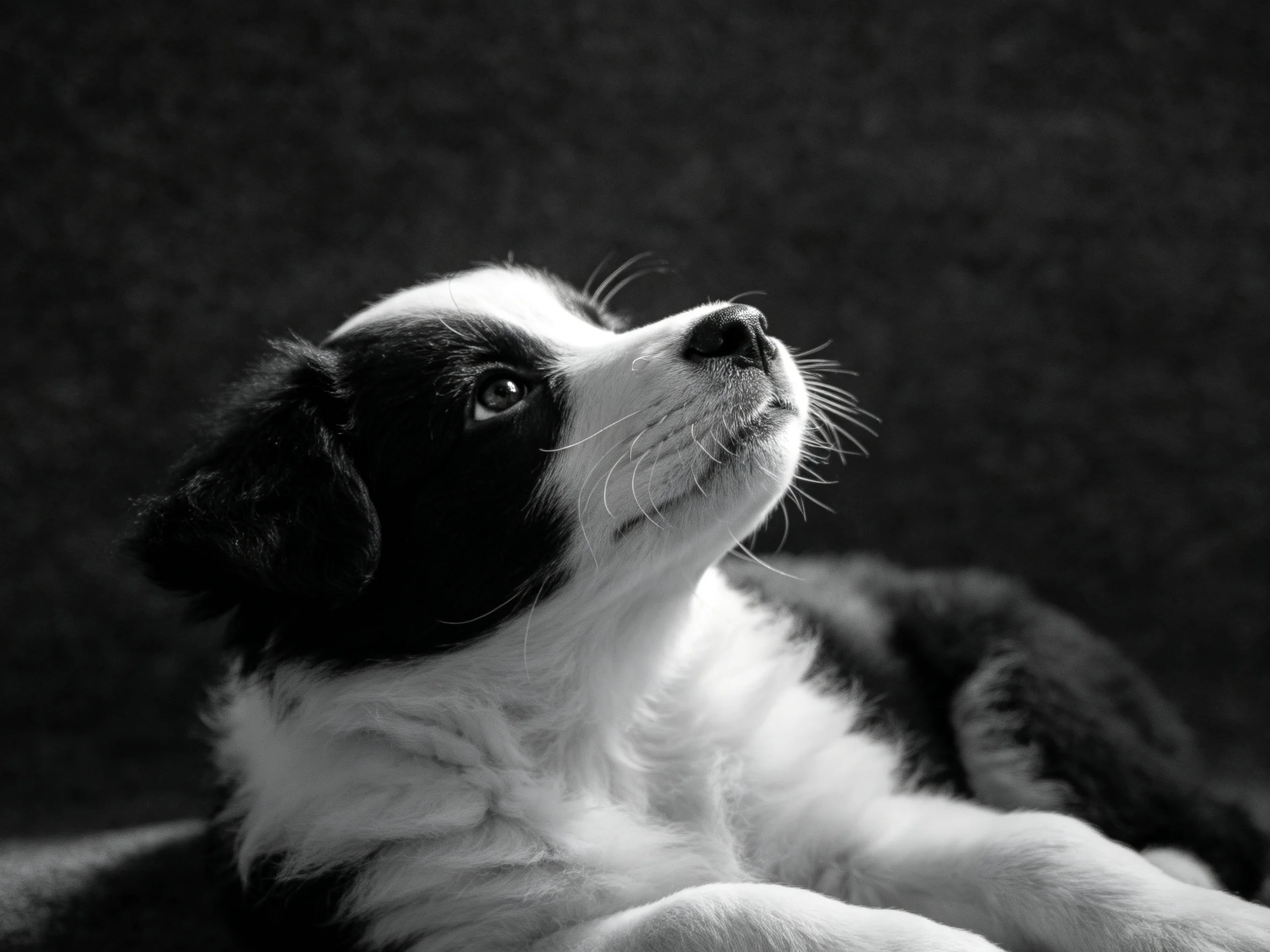 A black and white puppy looks upward in a dark setting.
