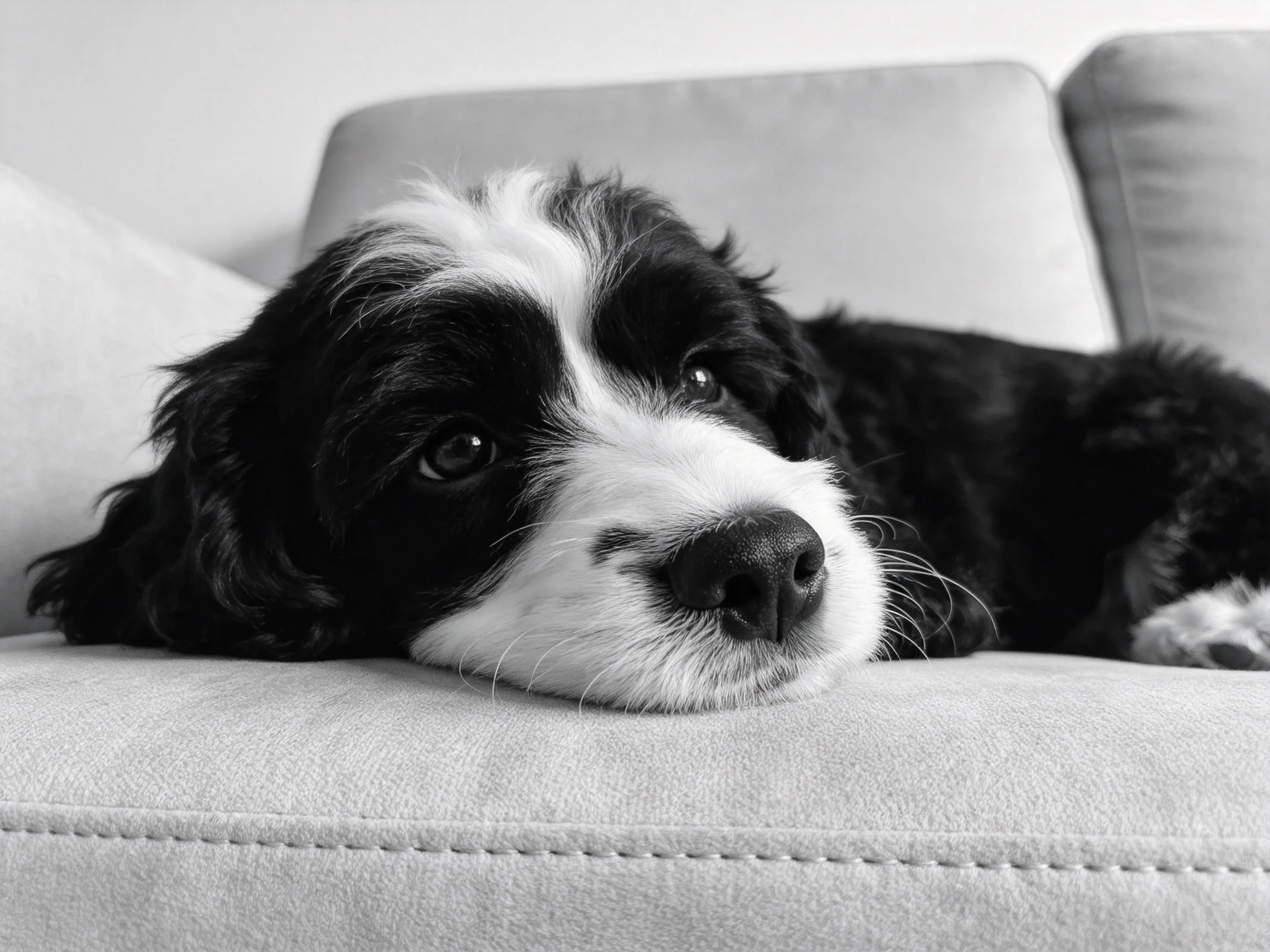 A black and white puppy lounges on a plush gray couch