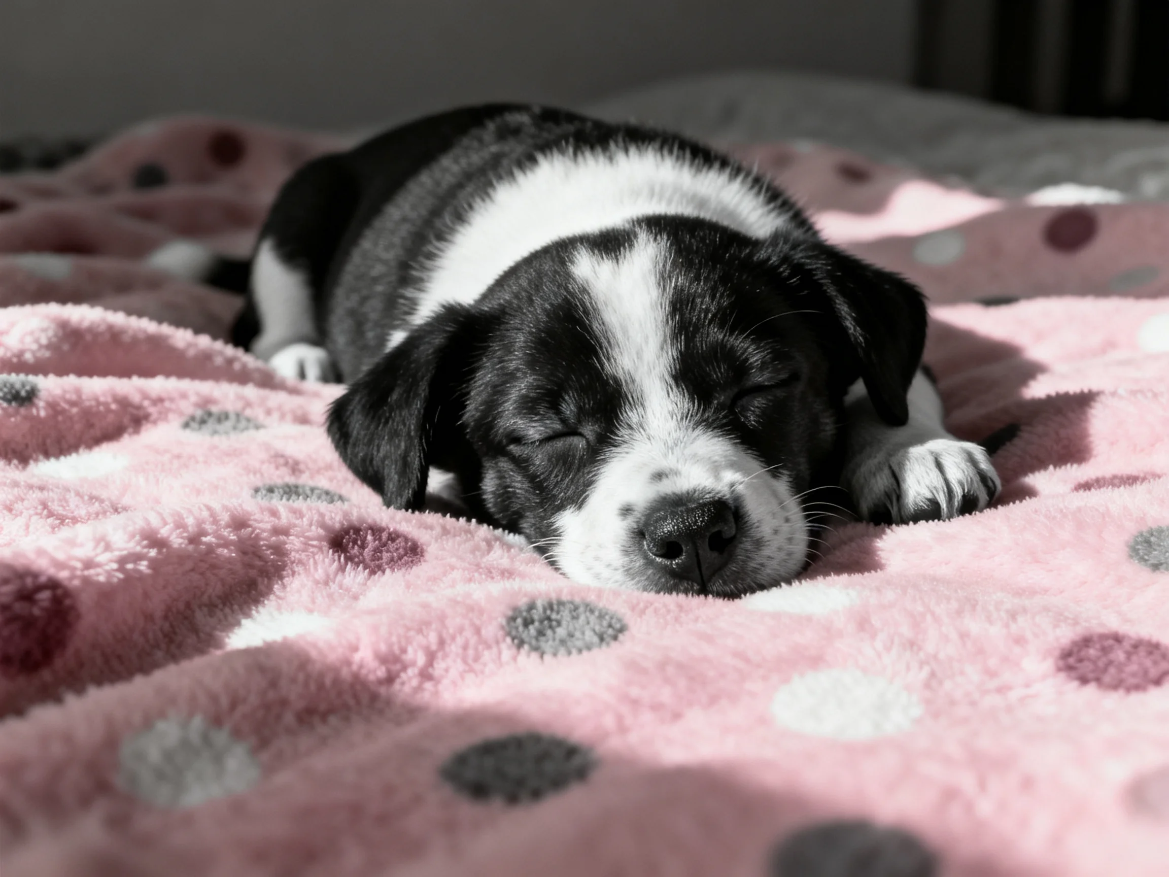 A black and white puppy naps on a pink polka - dotted blanket