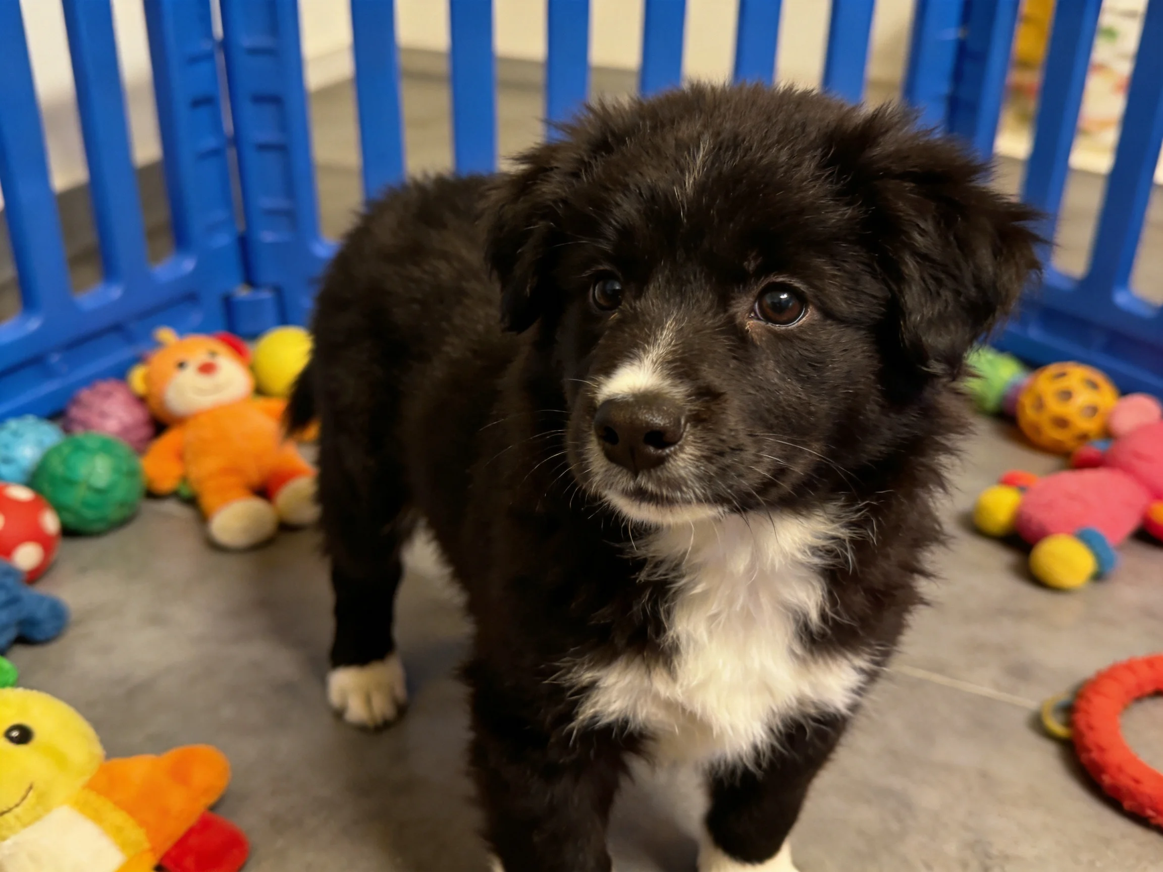 A black and white puppy near a blue fence with colorful toys