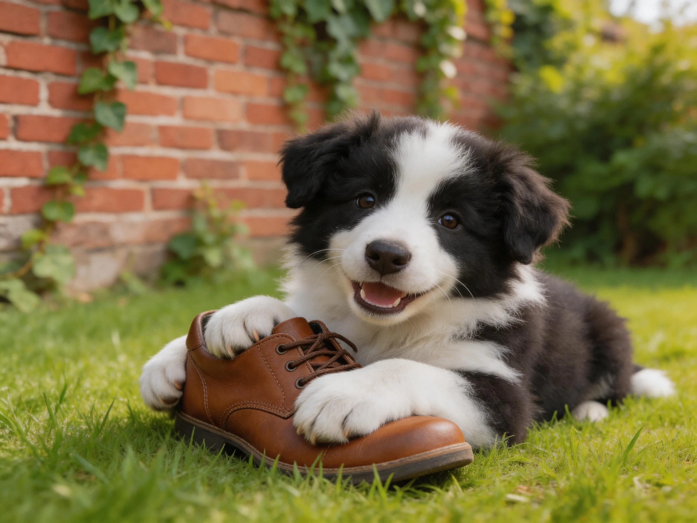 A black-and-white puppy plays with a brown shoe near a brick wall