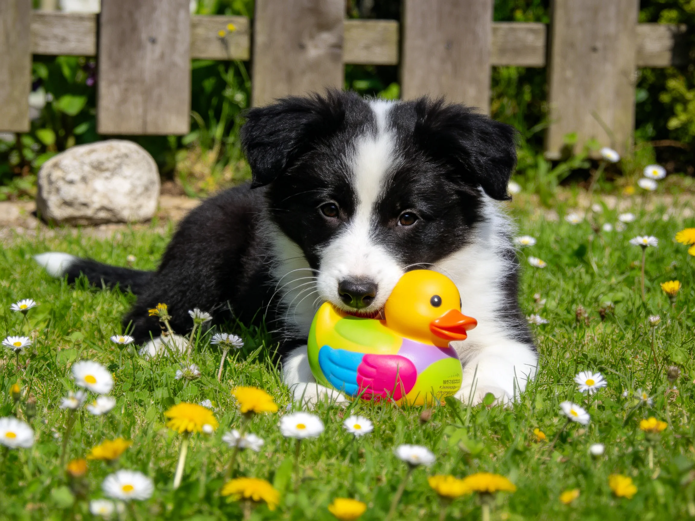 A black-and-white puppy plays with a colorful rubber duck in a flowered yard