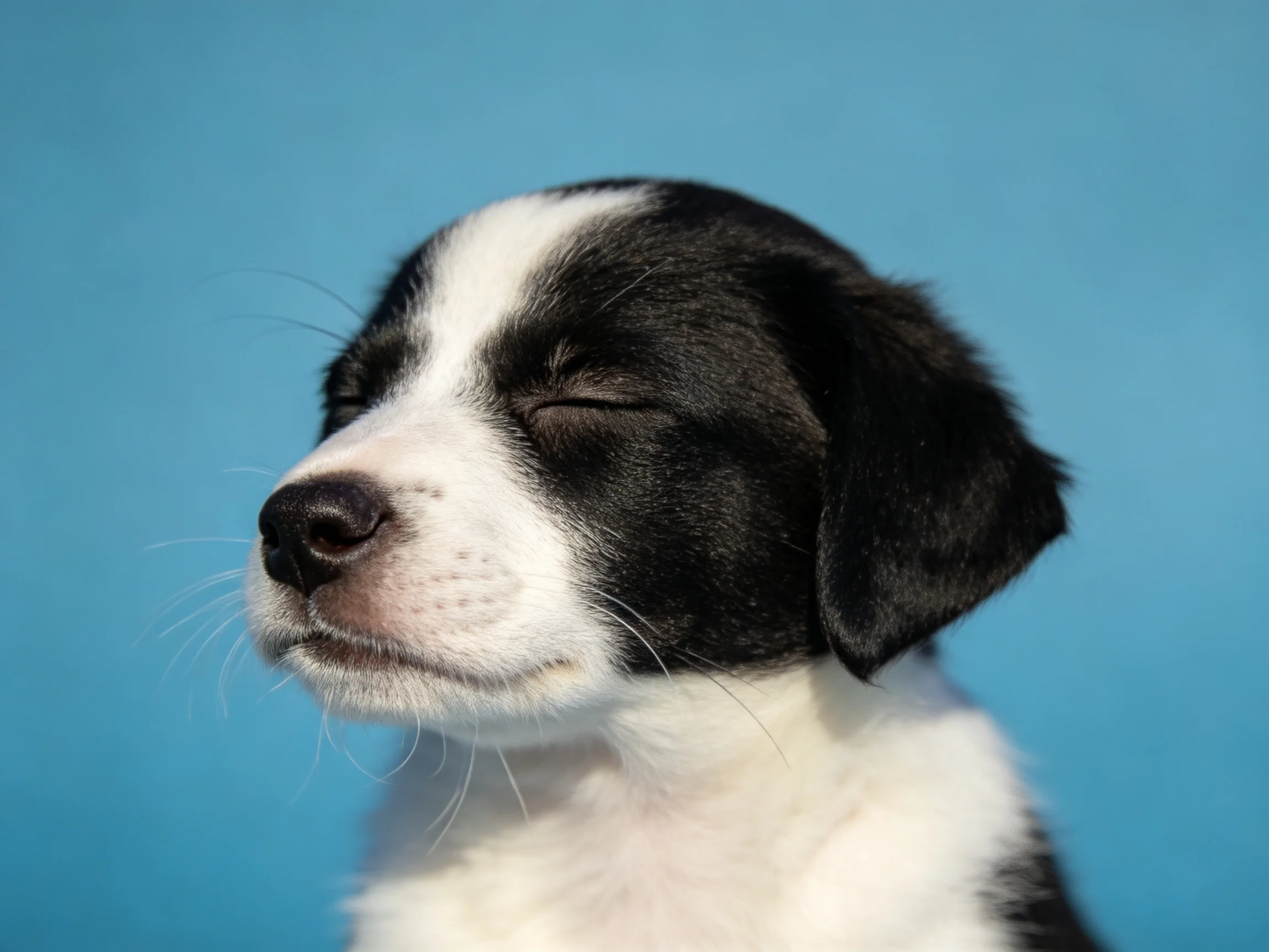 A black and white puppy rests calmly with eyes closed against a blue backdrop.