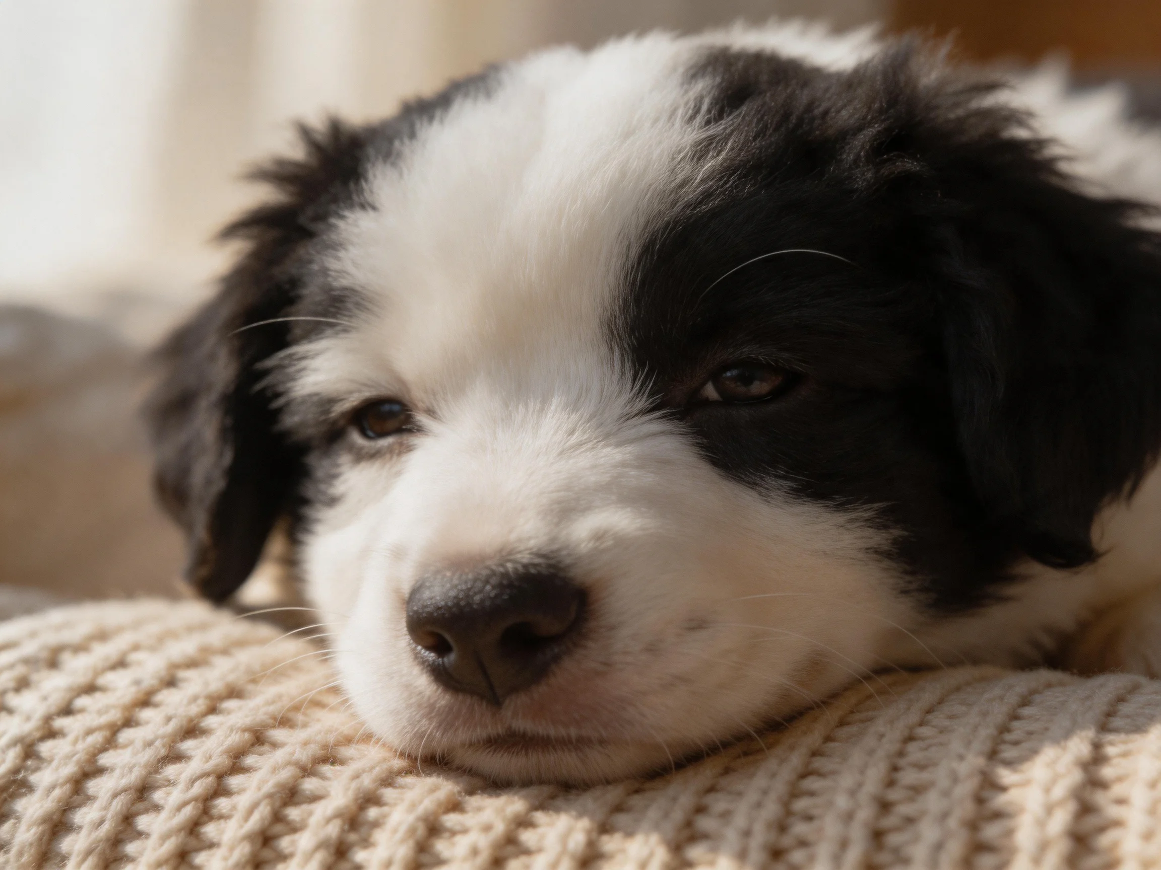 A black and white puppy rests on a knitted cushion.