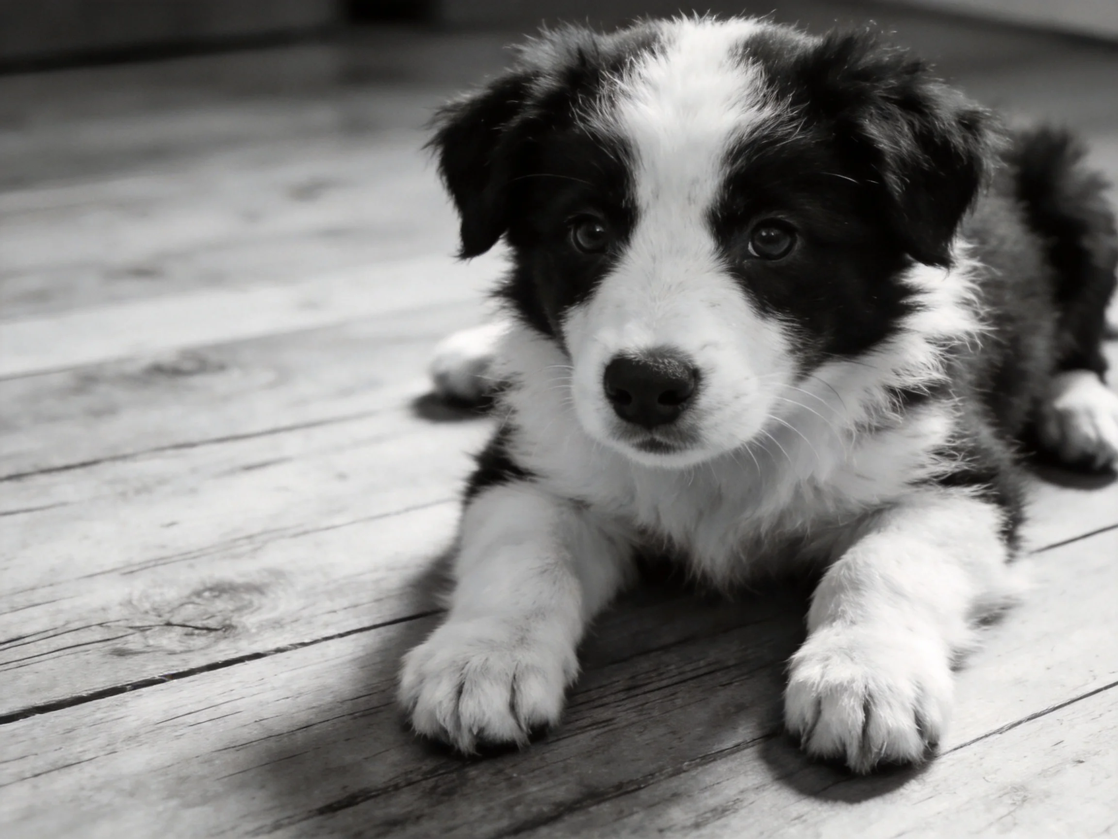 A black and white puppy lies calmly on a wooden floor.
